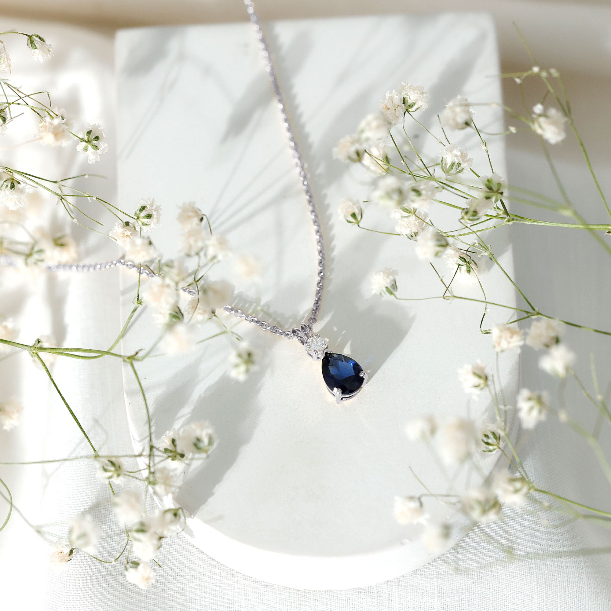 Lab Created Blue Sapphire Teardrop Necklace with Moissanite AAAA - Rosec Jewels
