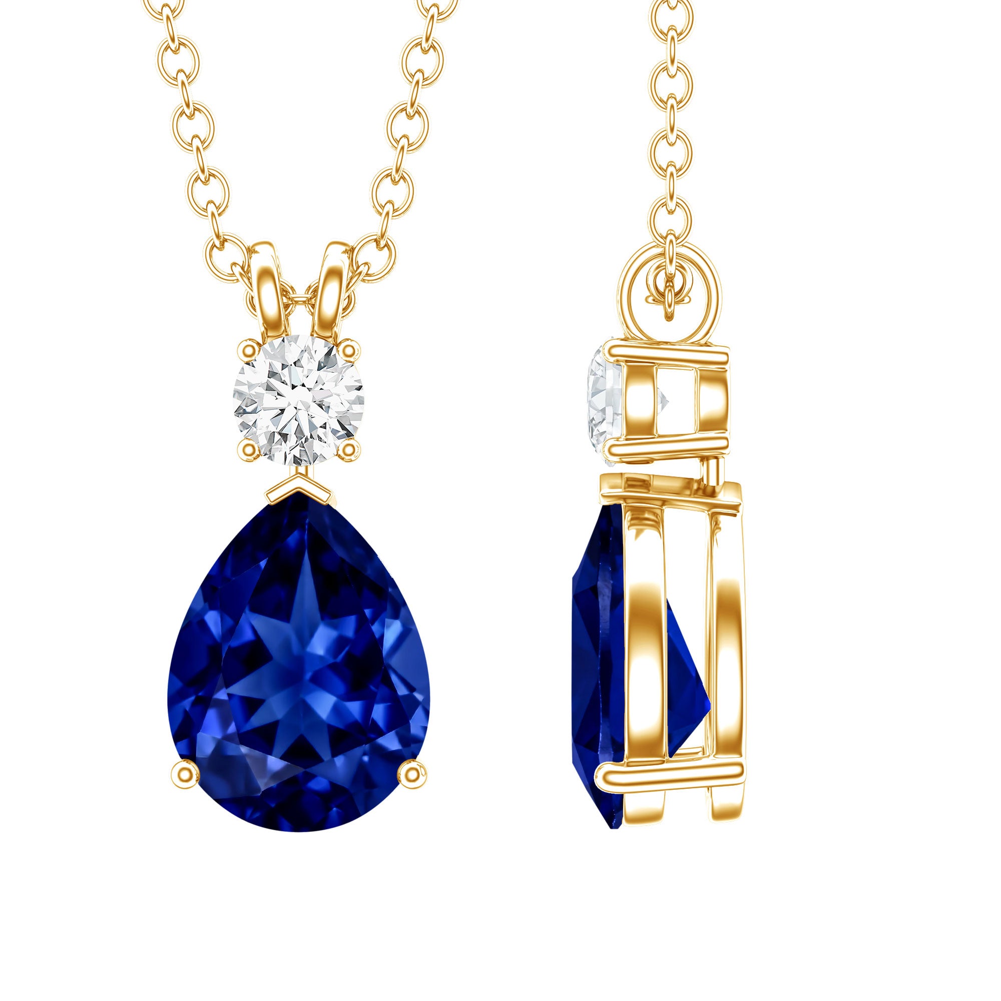 Lab Created Blue Sapphire Teardrop Necklace with Moissanite AAAA - Rosec Jewels