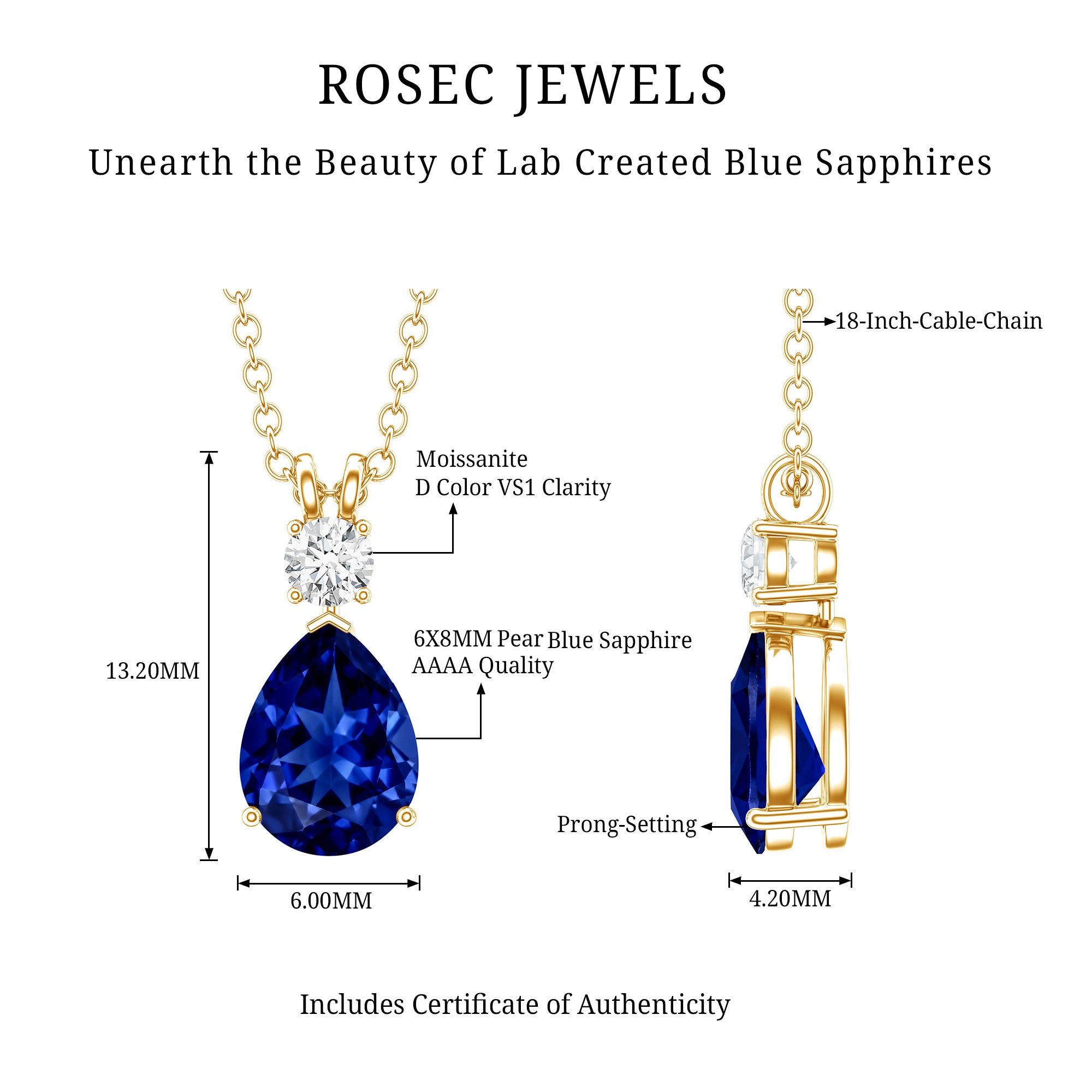 Lab Created Blue Sapphire Teardrop Necklace with Moissanite AAAA - Rosec Jewels