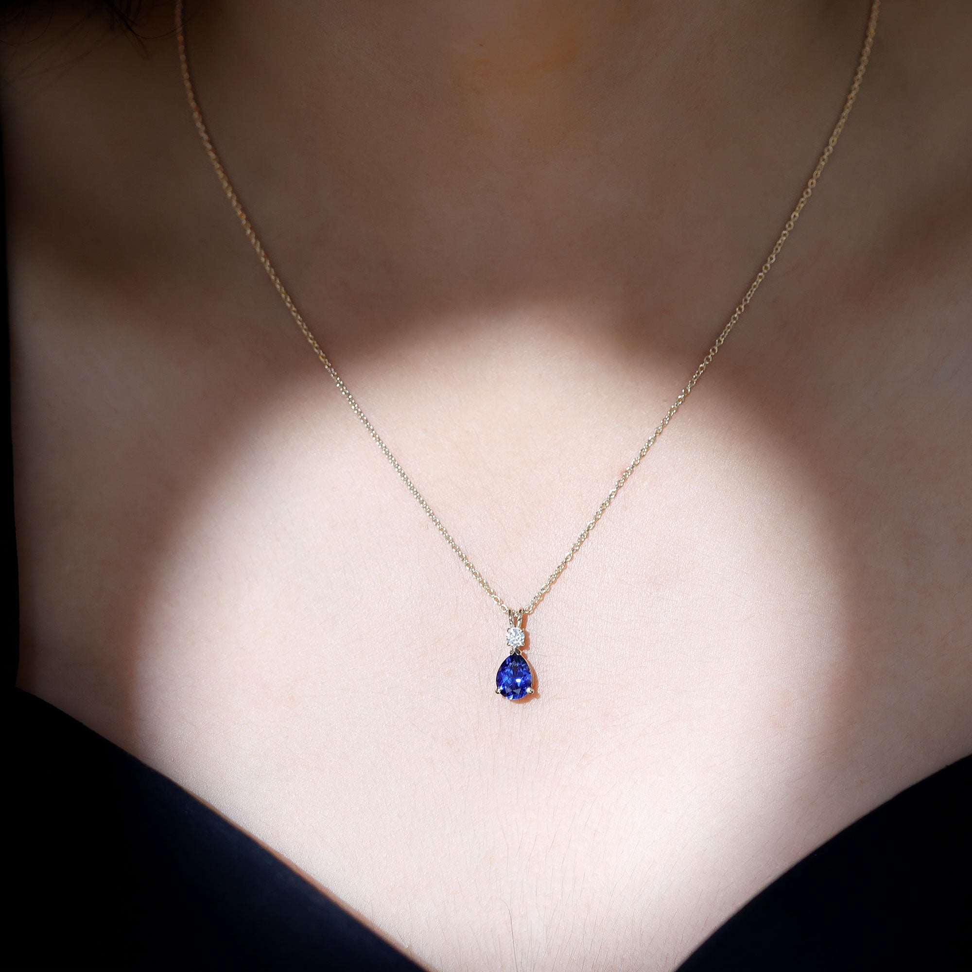 Lab Created Blue Sapphire Teardrop Necklace with Moissanite AAAA - Rosec Jewels