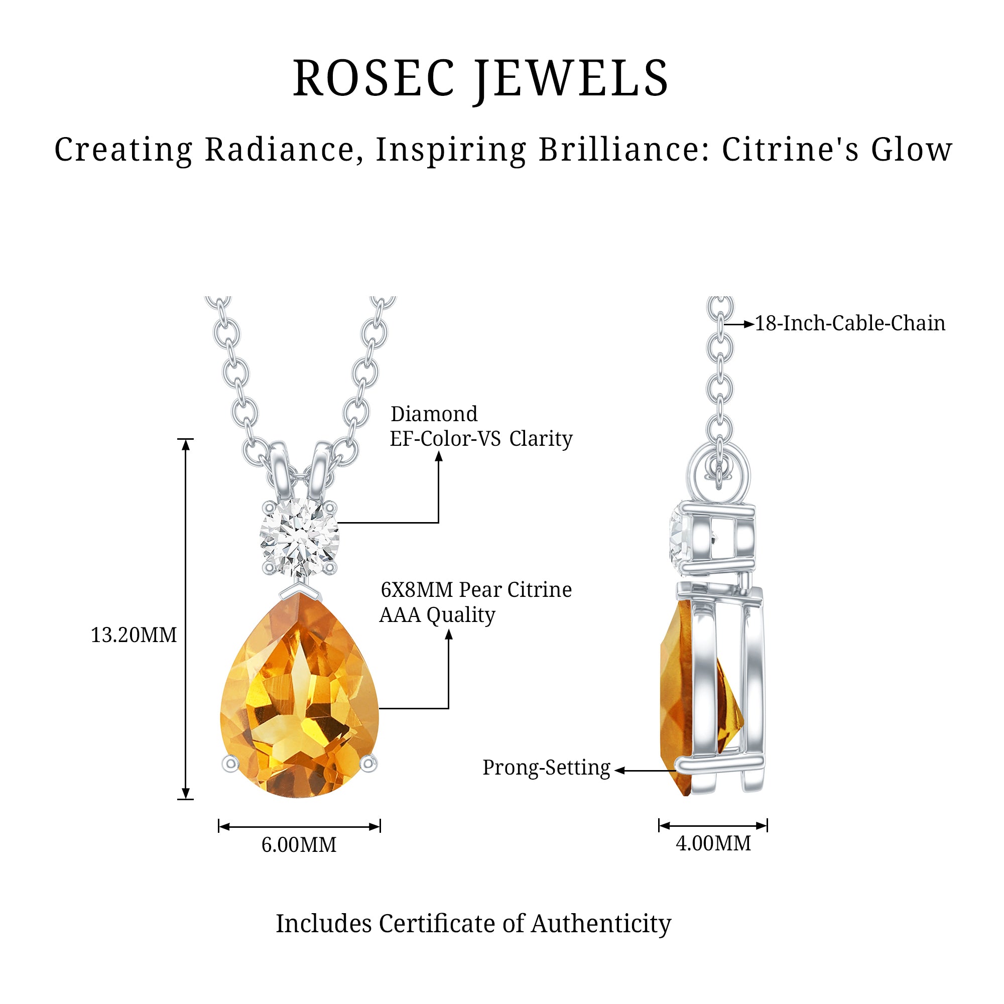 1 Carat Citrine Teardrop Pendant Necklace with Lab Grown Diamond AAA - Rosec Jewels