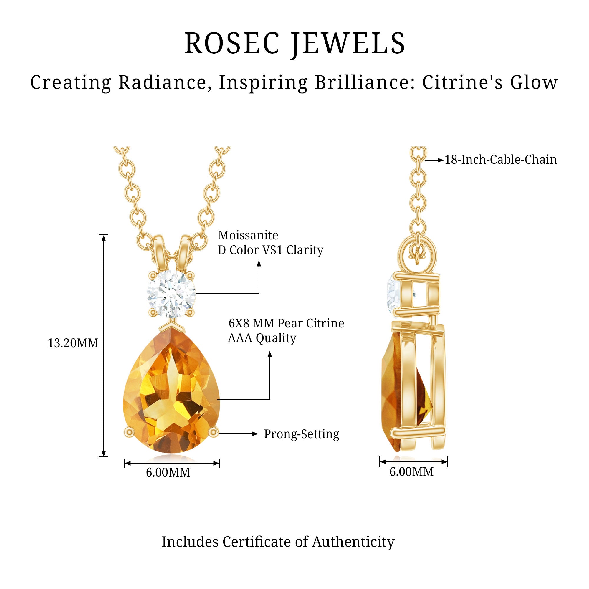 1 Carat Citrine Teardrop Pendant Necklace with Lab Grown Diamond AAA - Rosec Jewels
