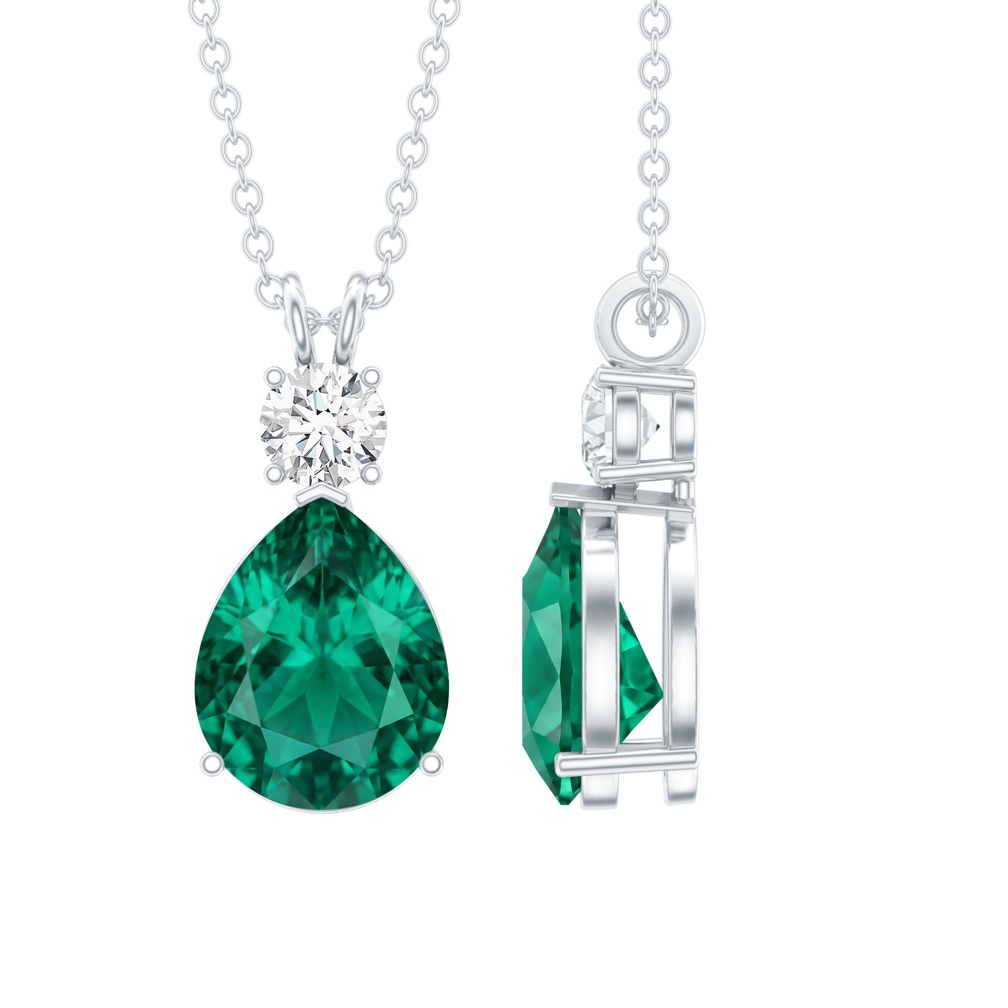 Certified Lab Grown Emerald Teardrop Necklace with Silver Chain AAAA 92.5 Sterling Silver - Rosec Jewels