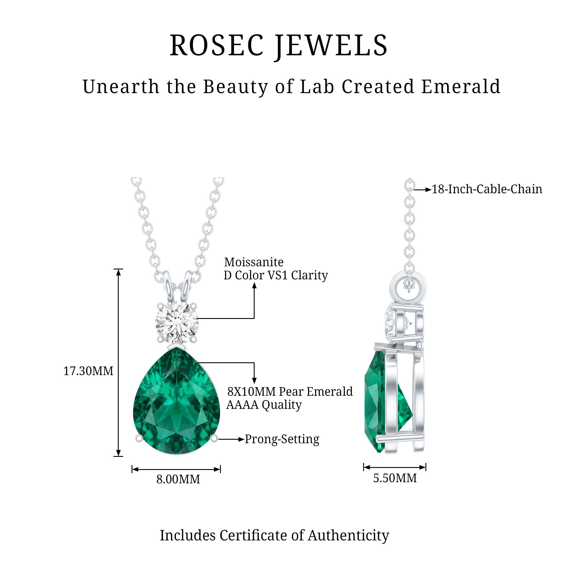 Lab Grown Emerald Teardrop Pendant with Moissanite AAAA - Rosec Jewels