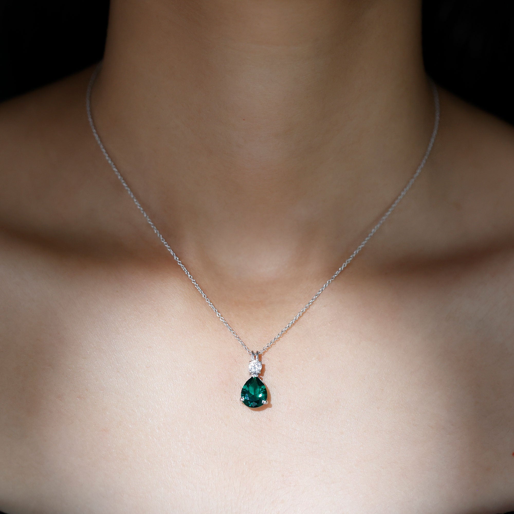 Certified Lab Grown Emerald Teardrop Necklace with Silver Chain AAAA 92.5 Sterling Silver - Rosec Jewels
