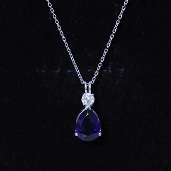 Lab Created Blue Sapphire Teardrop Pendant Necklace with Diamond AAAA - Rosec Jewels
