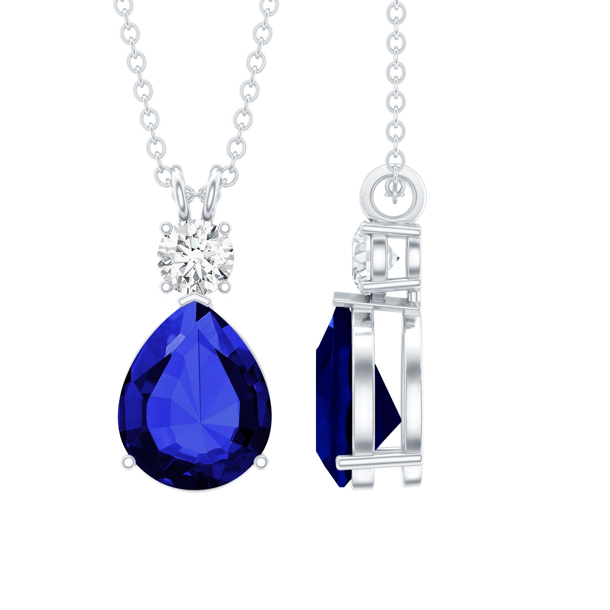 Lab Created Blue Sapphire Teardrop Pendant Necklace with Diamond AAAA - Rosec Jewels