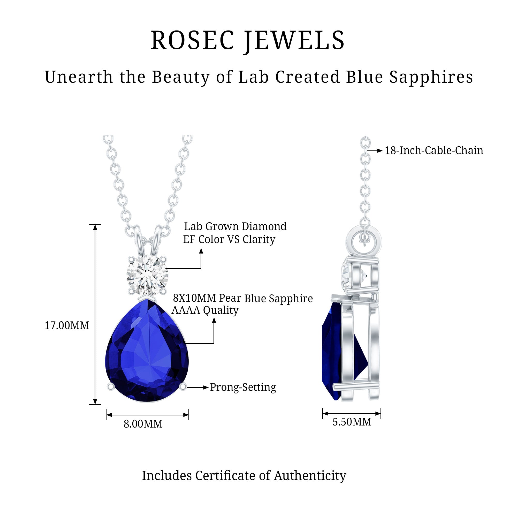 Lab Created Blue Sapphire Teardrop Pendant Necklace with Diamond AAAA - Rosec Jewels
