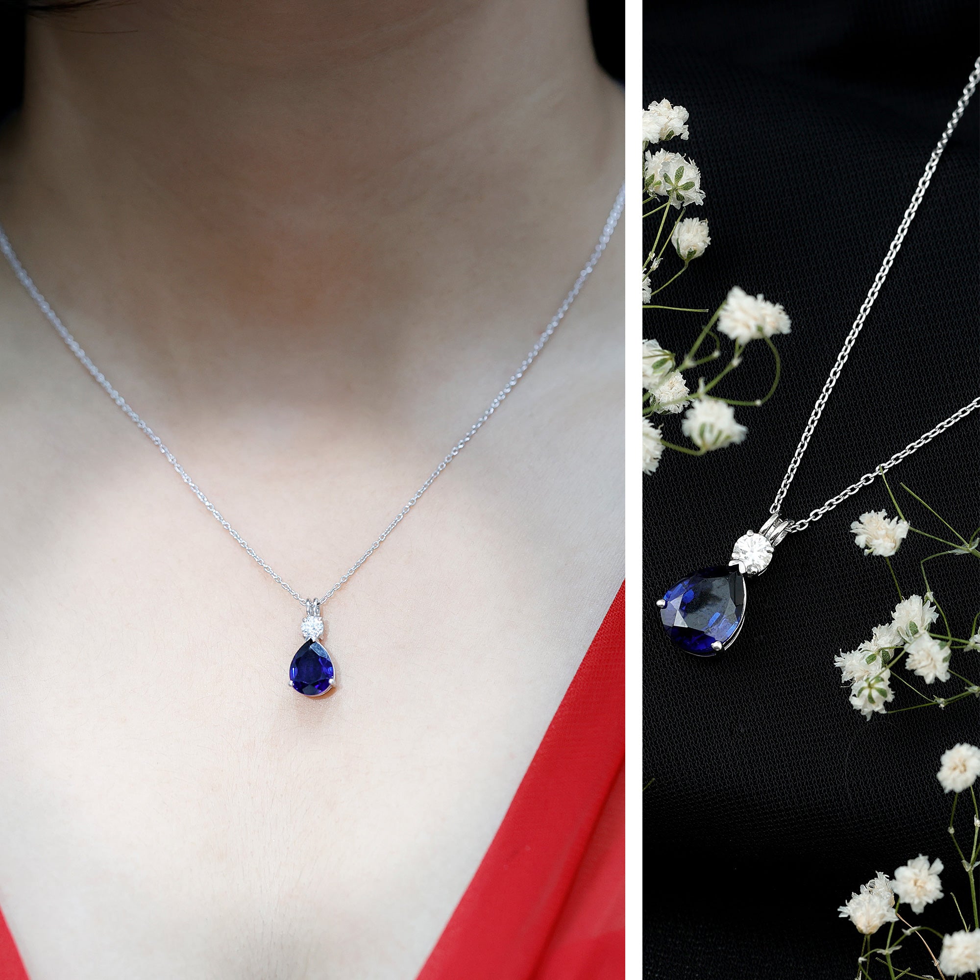 Lab Created Blue Sapphire Teardrop Pendant Necklace with Diamond AAAA - Rosec Jewels