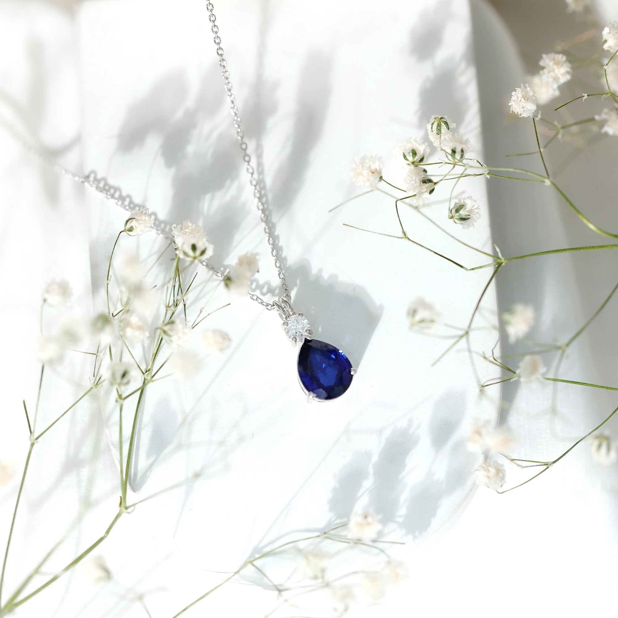 Lab Created Blue Sapphire Teardrop Pendant Necklace with Diamond AAAA - Rosec Jewels