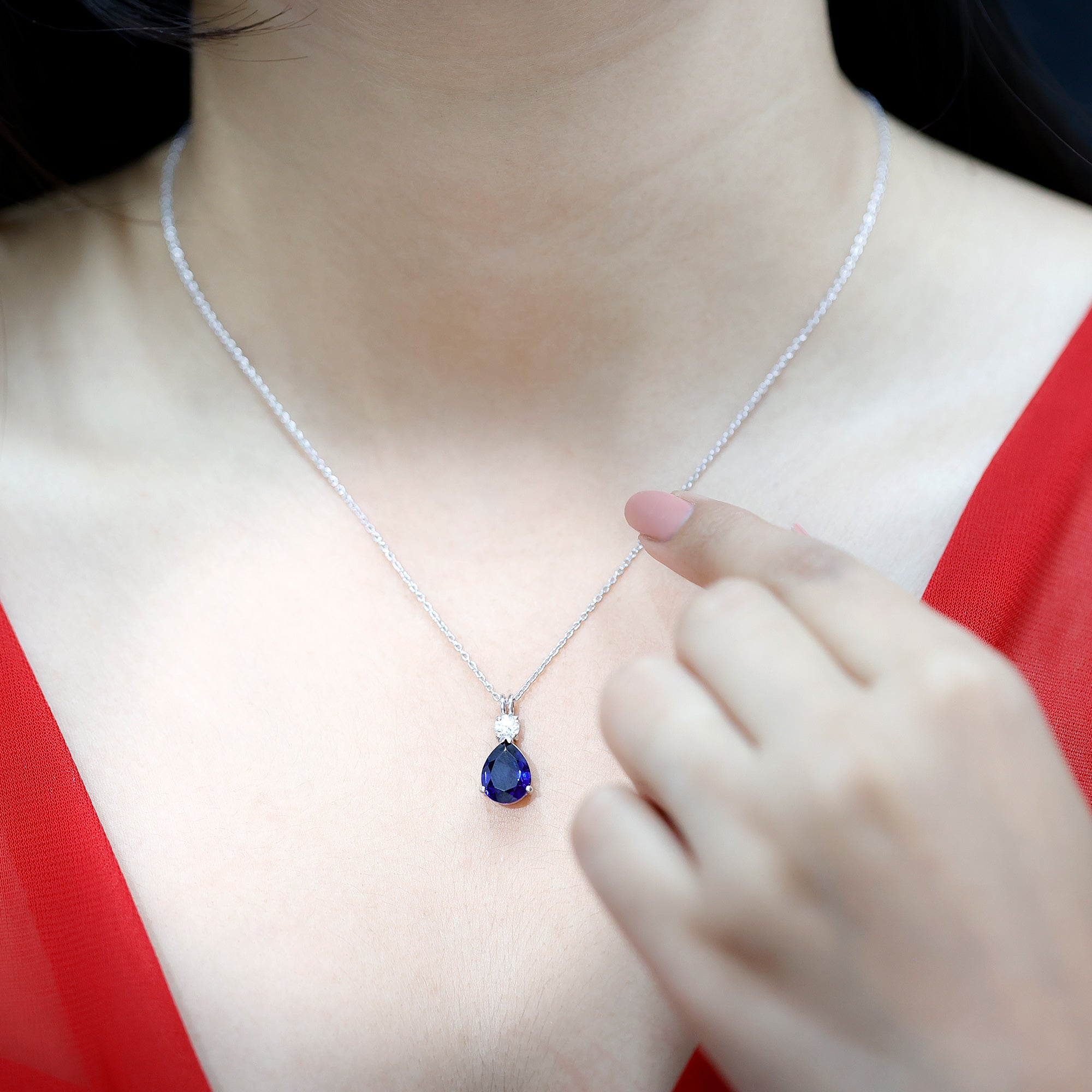 Lab Created Blue Sapphire Teardrop Pendant Necklace with Diamond AAAA - Rosec Jewels