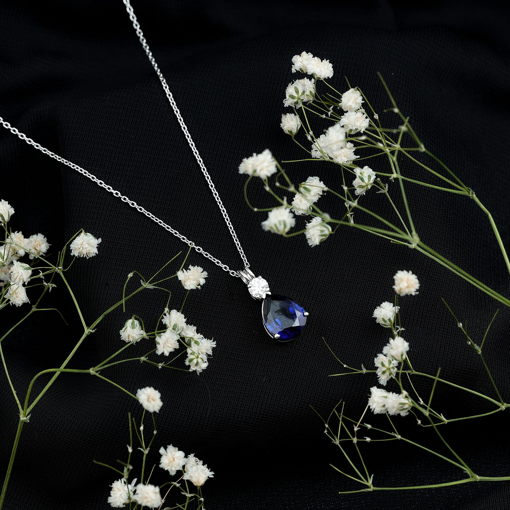 Lab Created Blue Sapphire Teardrop Pendant Necklace with Diamond AAAA - Rosec Jewels