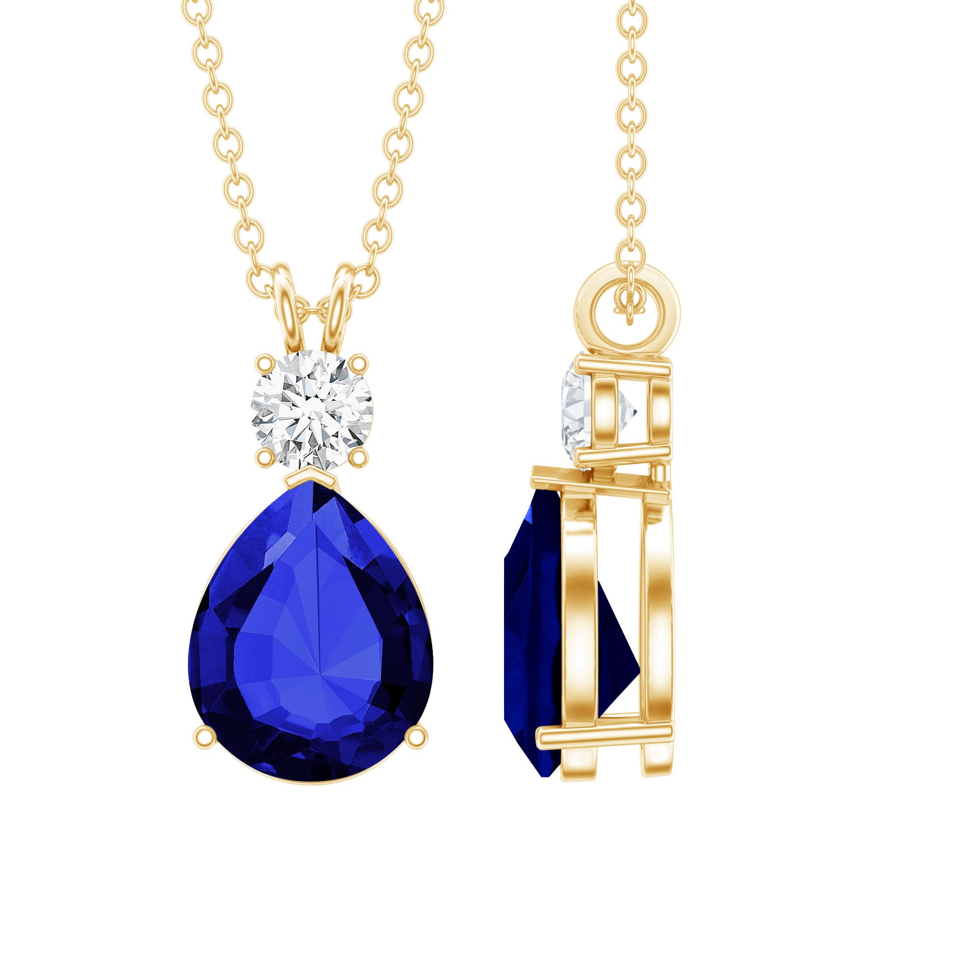 Lab Created Blue Sapphire Teardrop Pendant Necklace with Diamond AAAA - Rosec Jewels