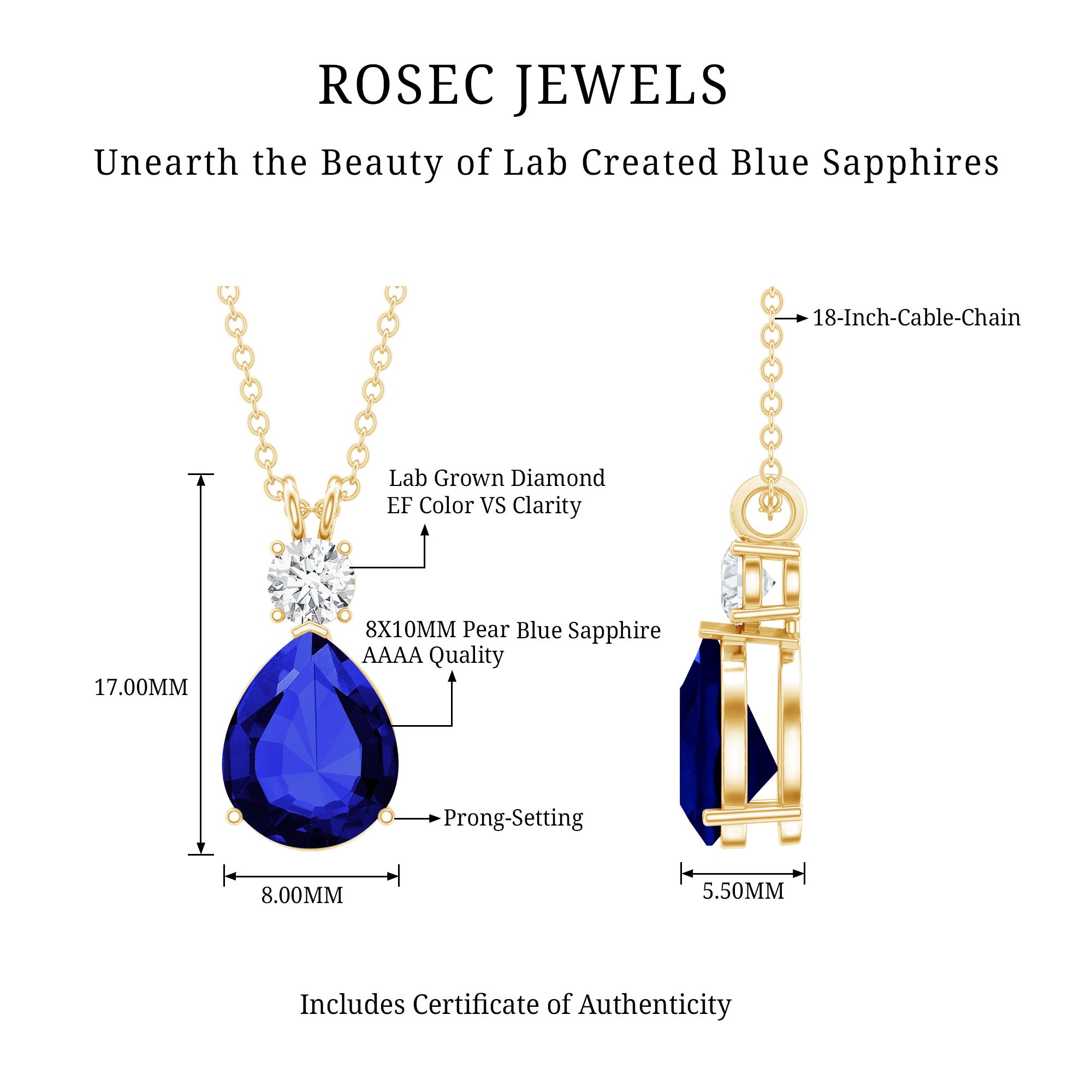 Lab Created Blue Sapphire Teardrop Pendant Necklace with Diamond AAAA - Rosec Jewels