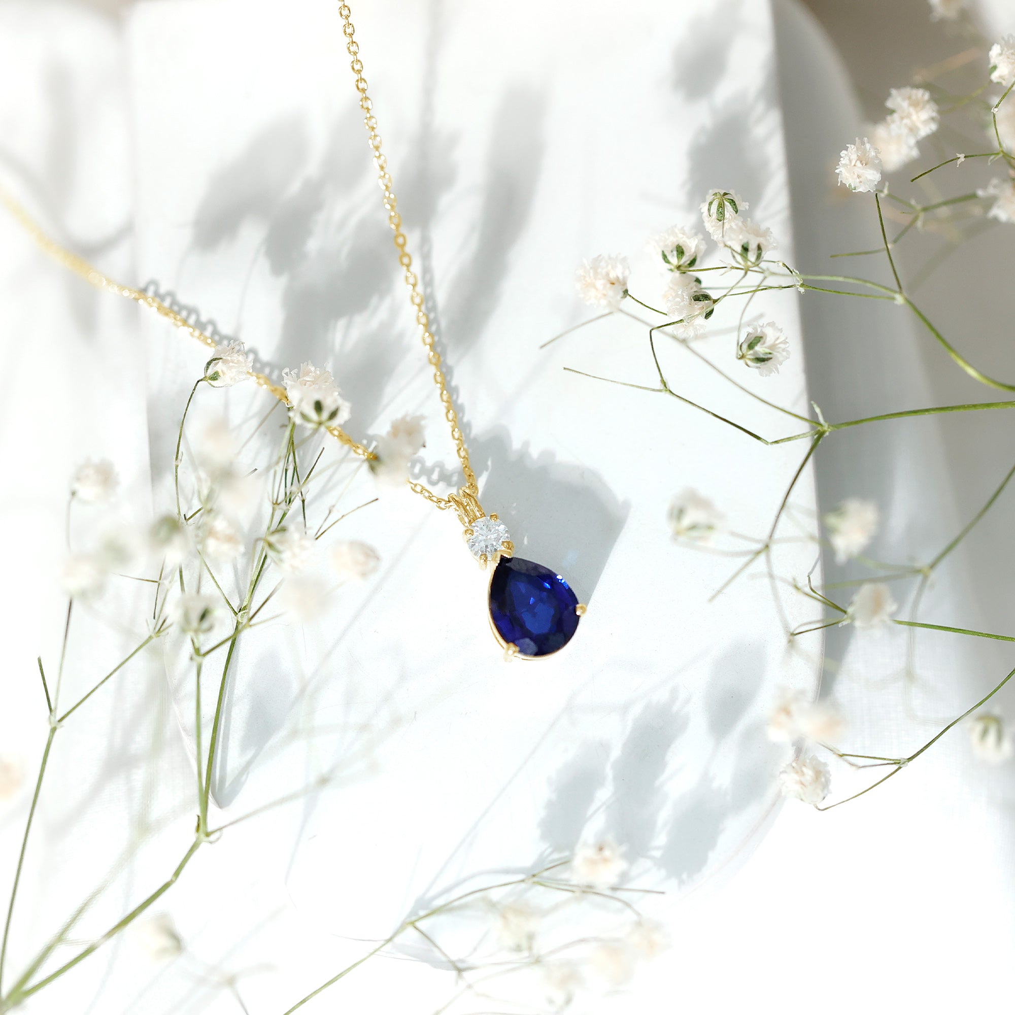 Lab Created Blue Sapphire Teardrop Pendant Necklace with Diamond AAAA - Rosec Jewels