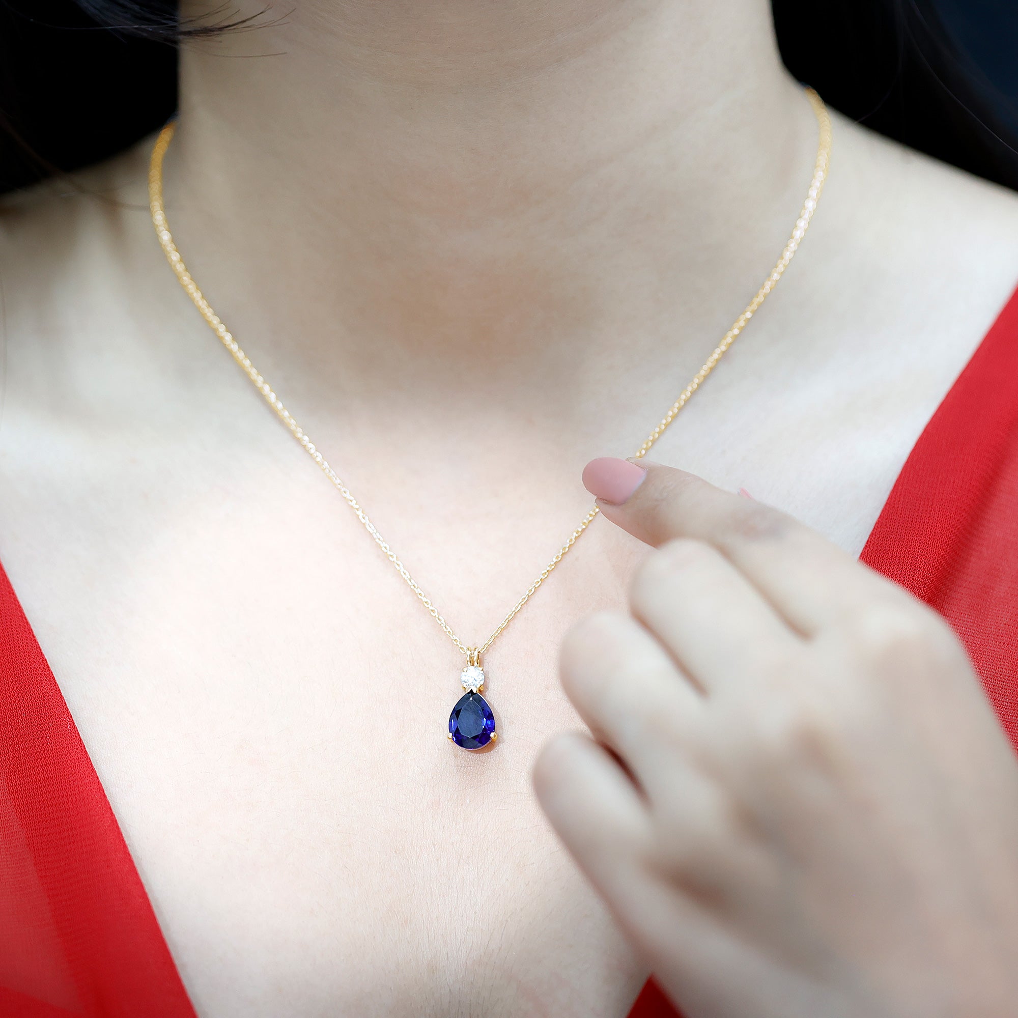 Lab Created Blue Sapphire Teardrop Pendant Necklace with Diamond AAAA - Rosec Jewels