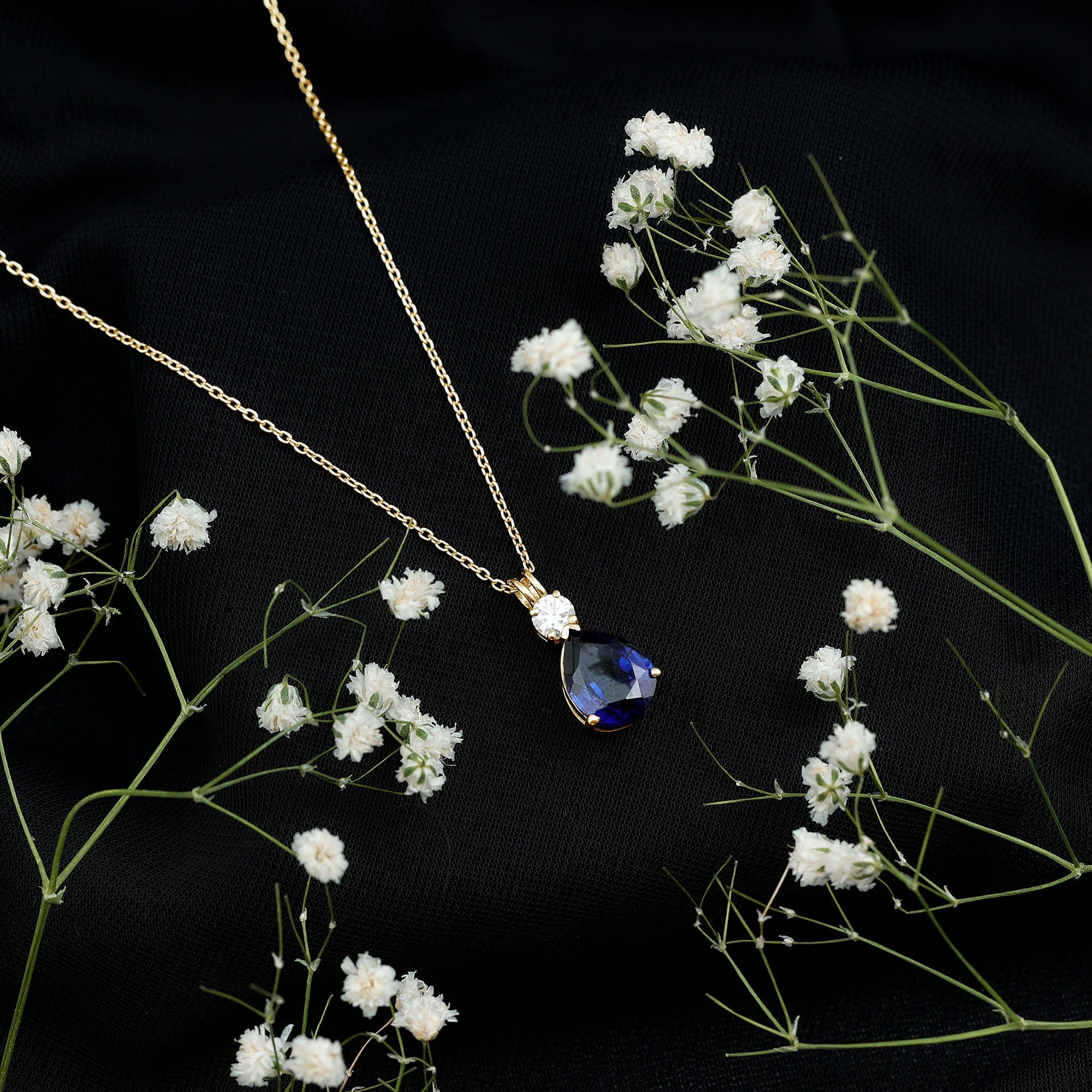 Lab Created Blue Sapphire Teardrop Pendant Necklace with Diamond AAAA - Rosec Jewels