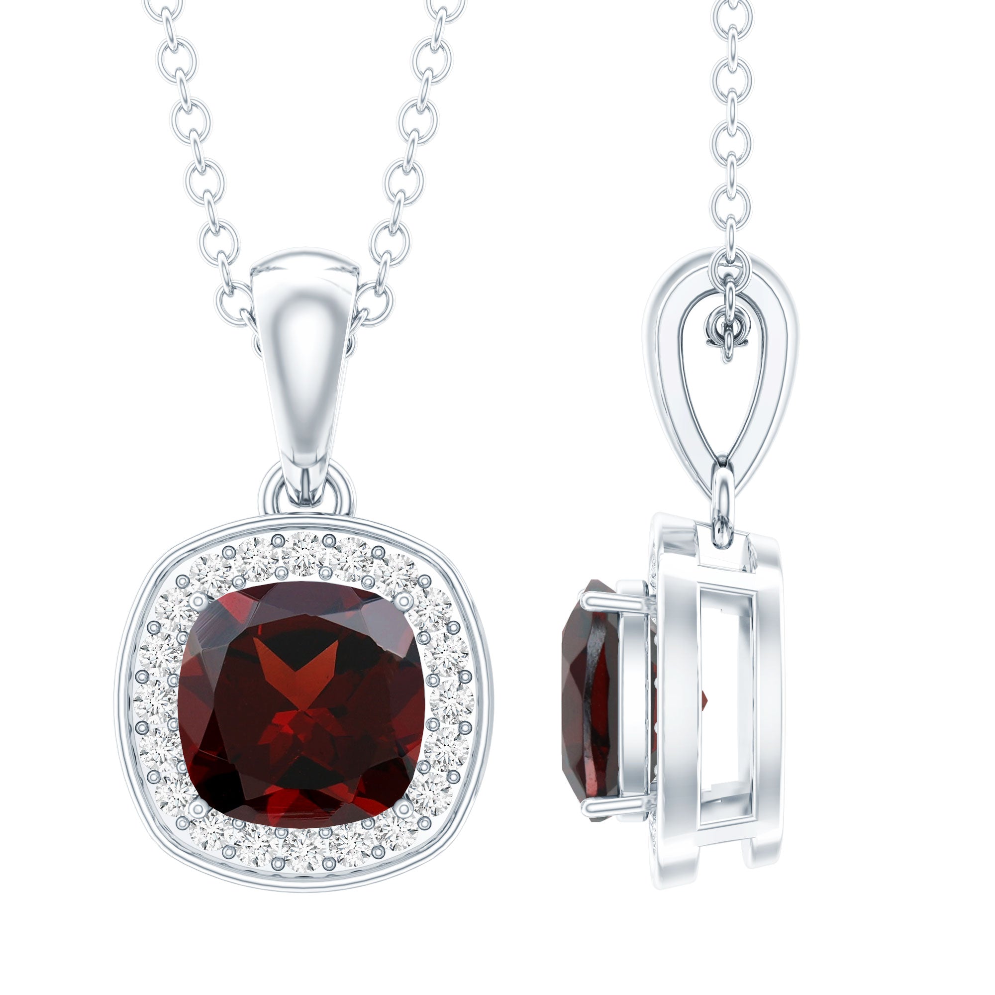Cushion Cut Garnet and Moissanite Halo Pendant Necklace With Chain