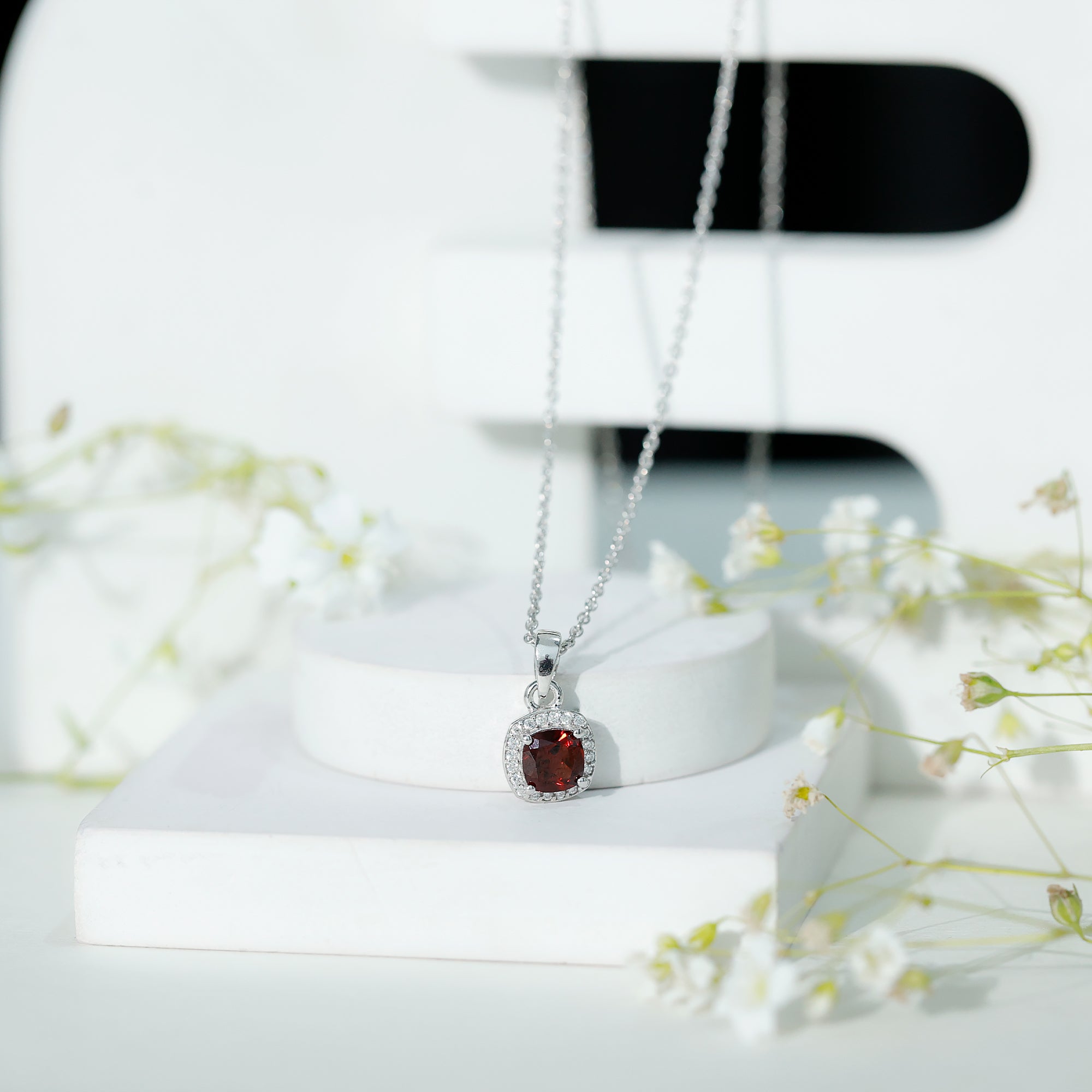 Natural 3 Carat Garnet Halo Necklace with Silver Chain AAA 92.5 Sterling Silver - Rosec Jewels