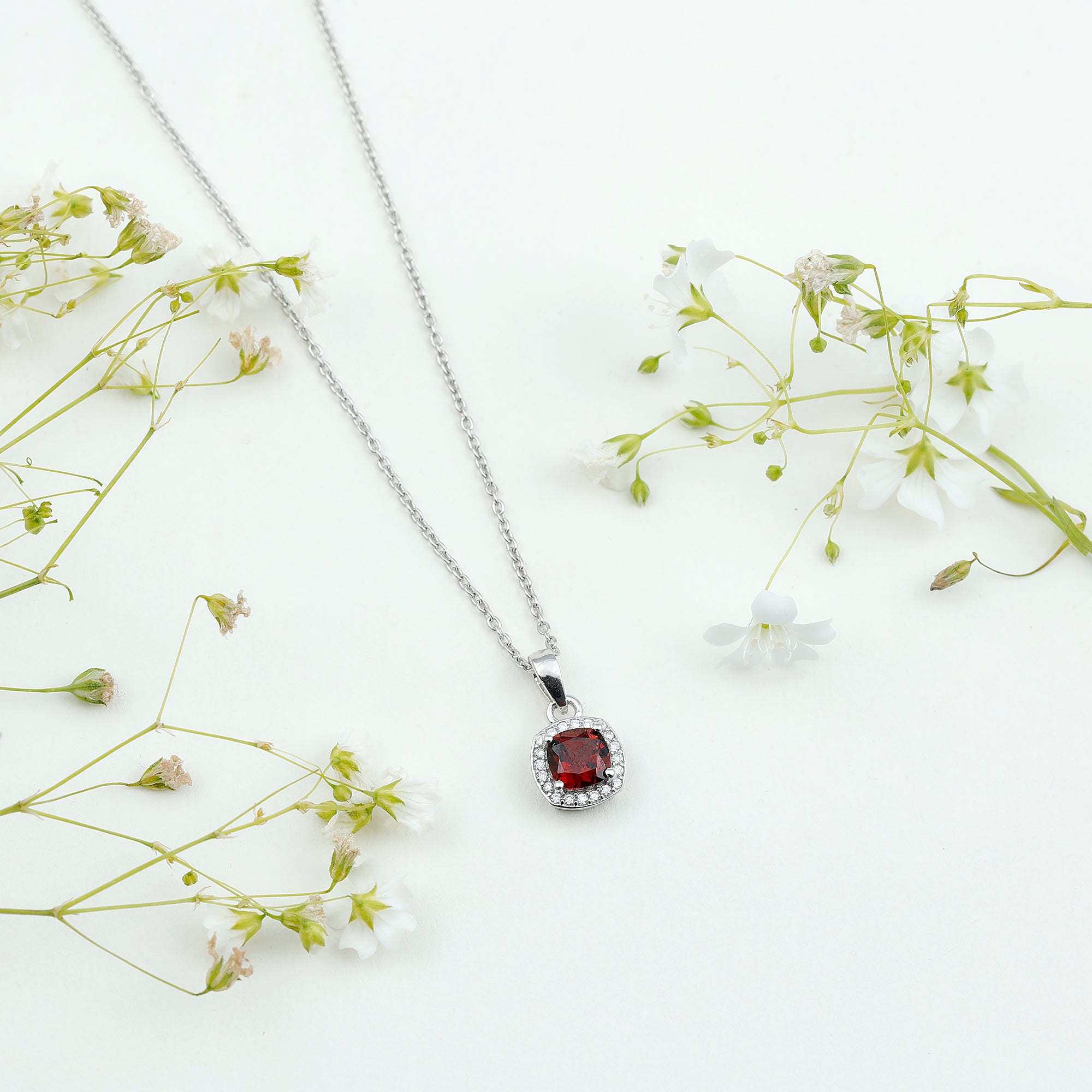 Natural 3 Carat Garnet Halo Necklace with Silver Chain AAA 92.5 Sterling Silver - Rosec Jewels