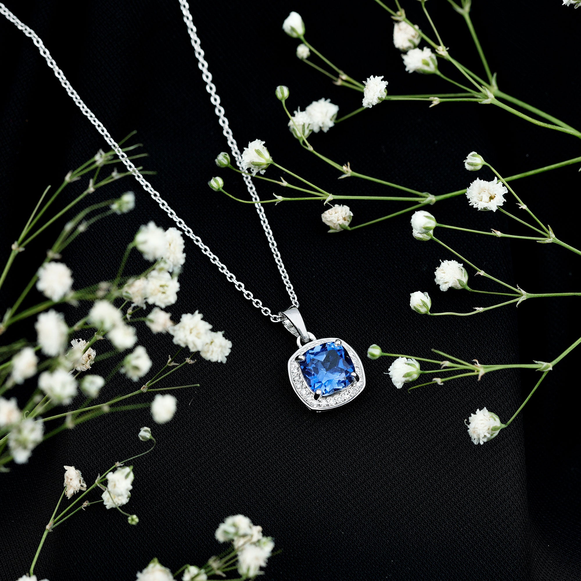 2.7 Carat Cushion Cut Lab Created Blue Sapphire and Diamond Halo Pendant AAAA - Rosec Jewels