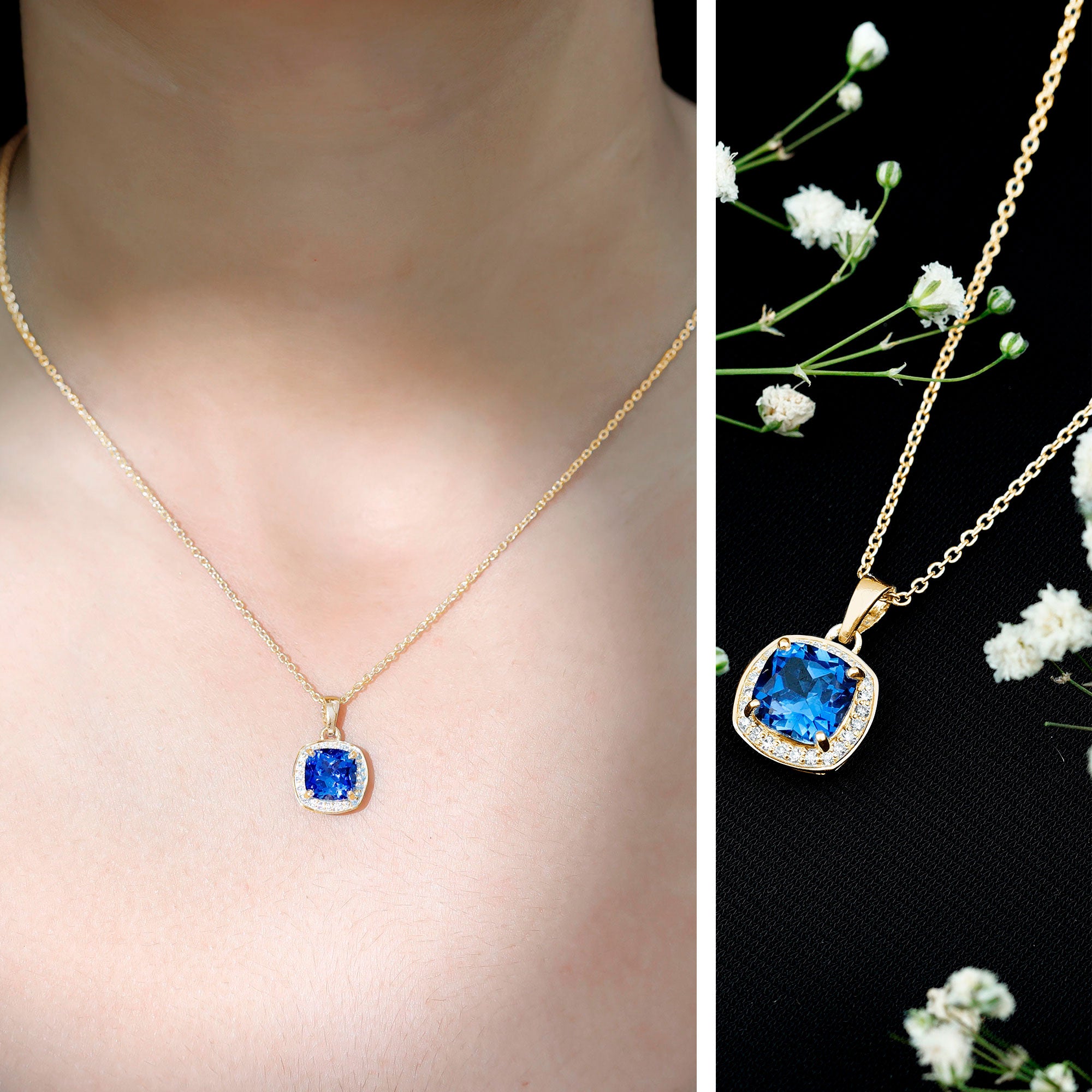 2.7 Carat Cushion Cut Lab Created Blue Sapphire and Diamond Halo Pendant AAAA - Rosec Jewels