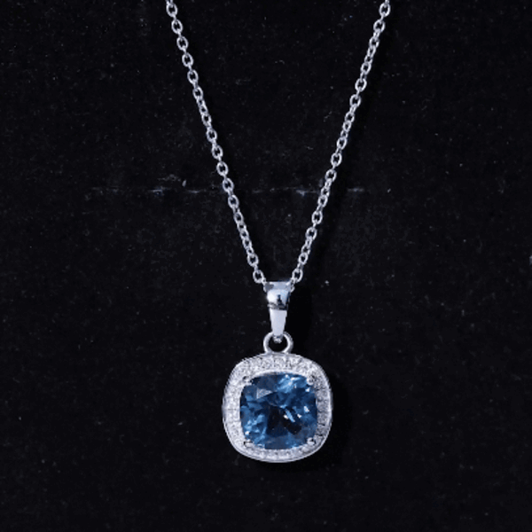 Cushion Cut 2.8 Carat London Blue Topaz Pendant with Diamond Halo AAA - Rosec Jewels