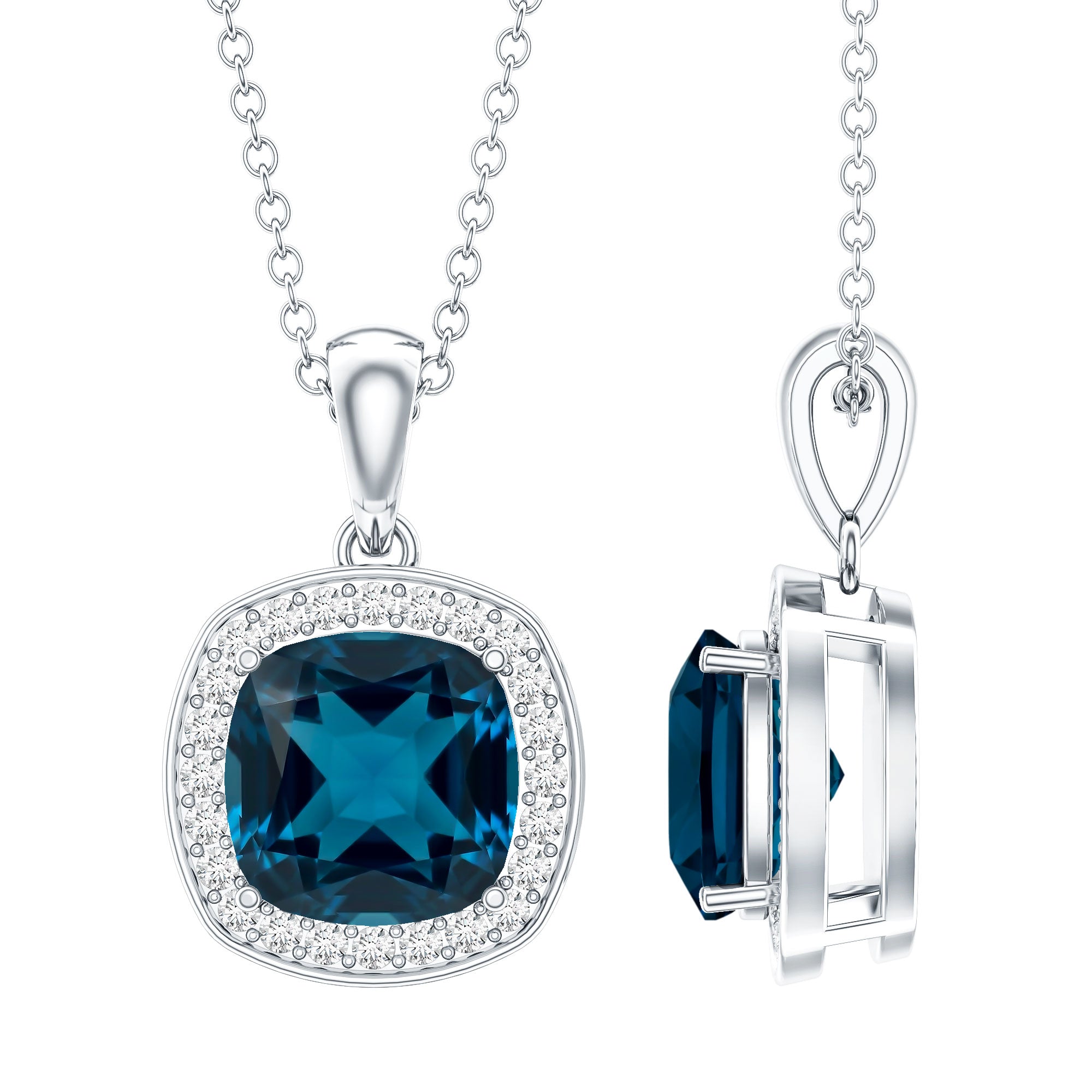 Cushion Cut 2.8 Carat London Blue Topaz Pendant with Diamond Halo AAA - Rosec Jewels
