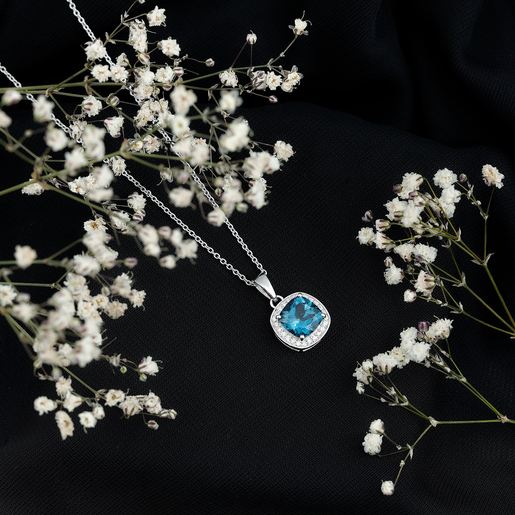 Cushion Cut 2.8 Carat London Blue Topaz Pendant with Diamond Halo AAA - Rosec Jewels