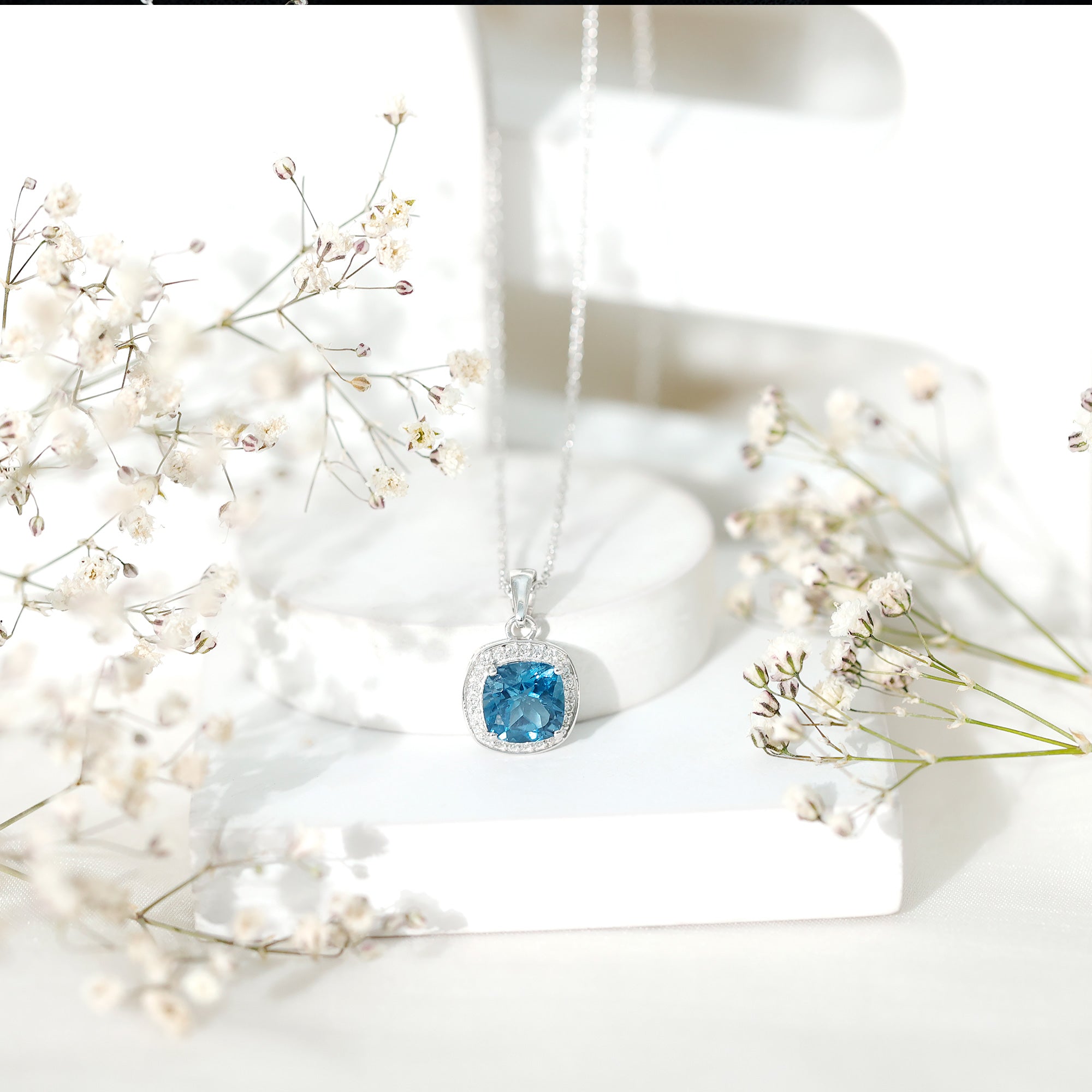 Cushion Cut 2.8 Carat London Blue Topaz Pendant with Diamond Halo AAA - Rosec Jewels