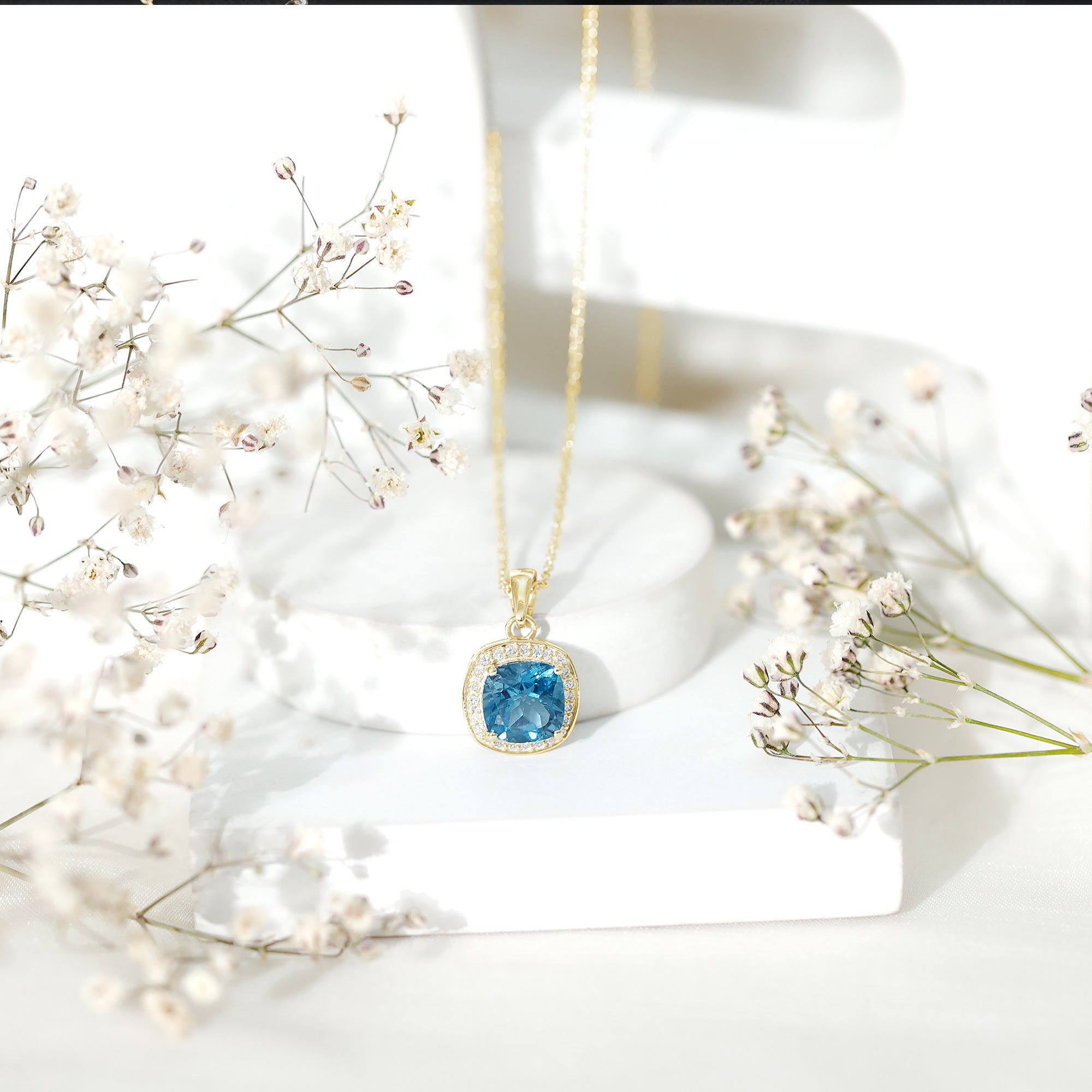 Cushion Cut 2.8 Carat London Blue Topaz Pendant with Diamond Halo AAA - Rosec Jewels