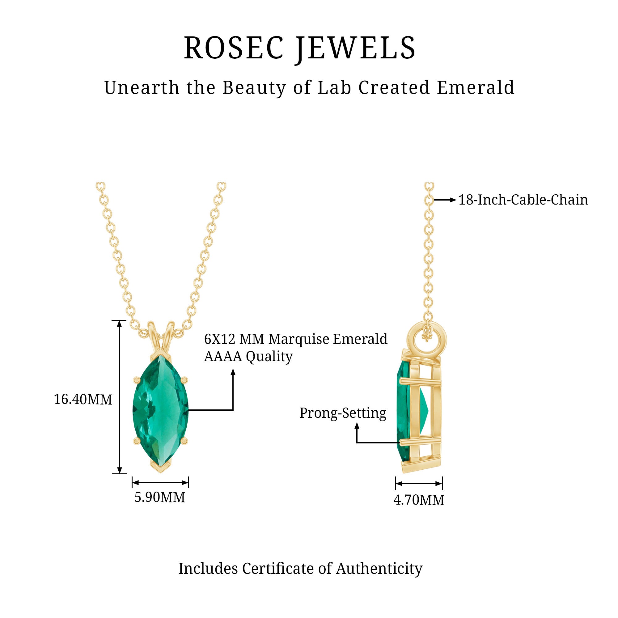Marquise Cut 2.5 Carat Lab Grown Emerald Chain Necklace AAAA 14K Yellow Gold Plated Silver - Rosec Jewels