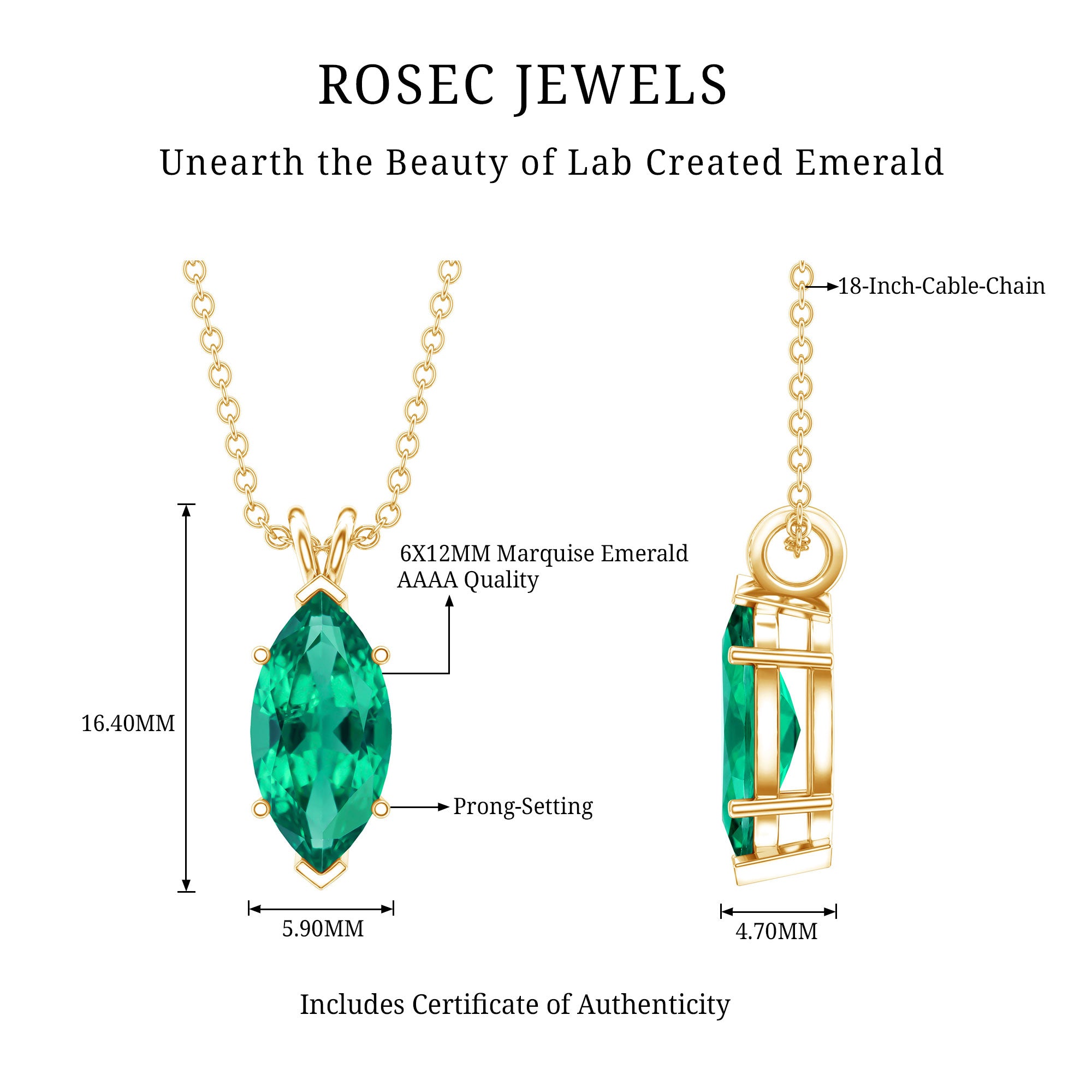 Marquise Cut 2.5 Carat Lab Grown Emerald Chain Necklace AAAA 14K Yellow Gold Plated Silver - Rosec Jewels