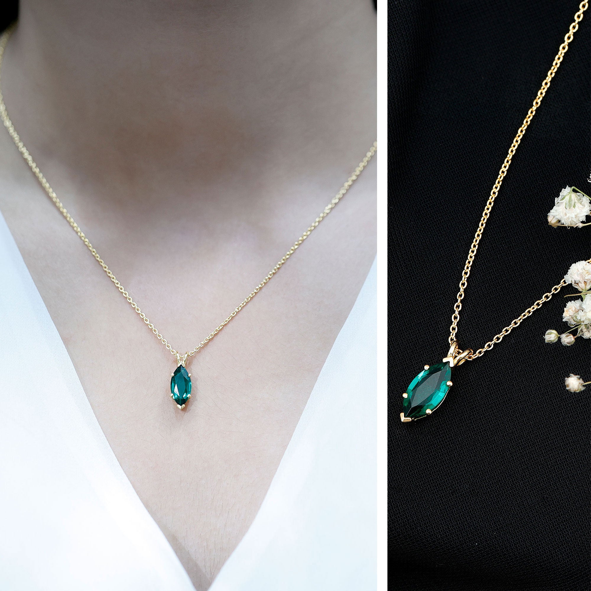 Marquise Cut 2.5 Carat Lab Grown Emerald Chain Necklace AAAA 14K Yellow Gold Plated Silver - Rosec Jewels