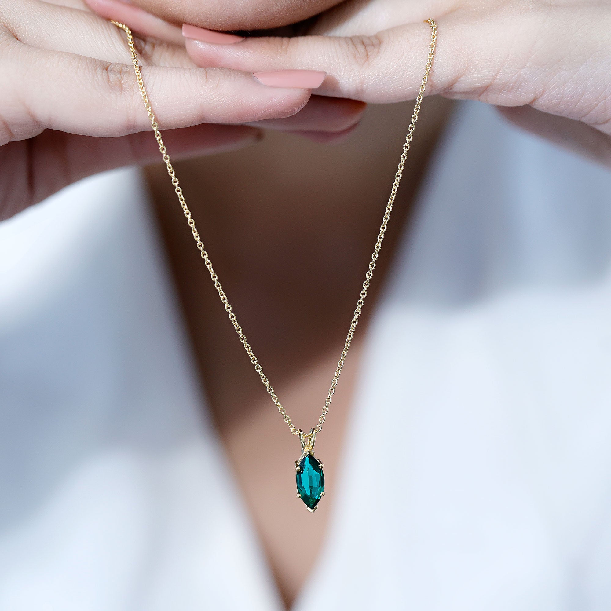 Marquise Cut 2.5 Carat Lab Grown Emerald Chain Necklace AAAA 14K Yellow Gold Plated Silver - Rosec Jewels