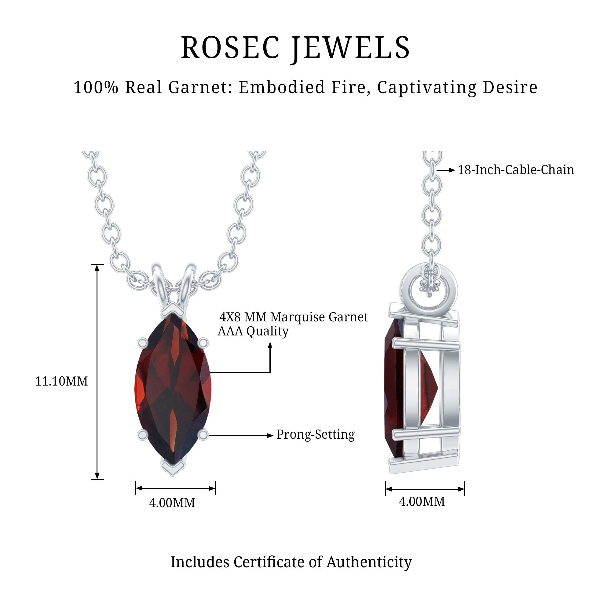 0.75 Carat Marquise Cut Garnet Solitaire Necklace With Chain AAA - Rosec Jewels