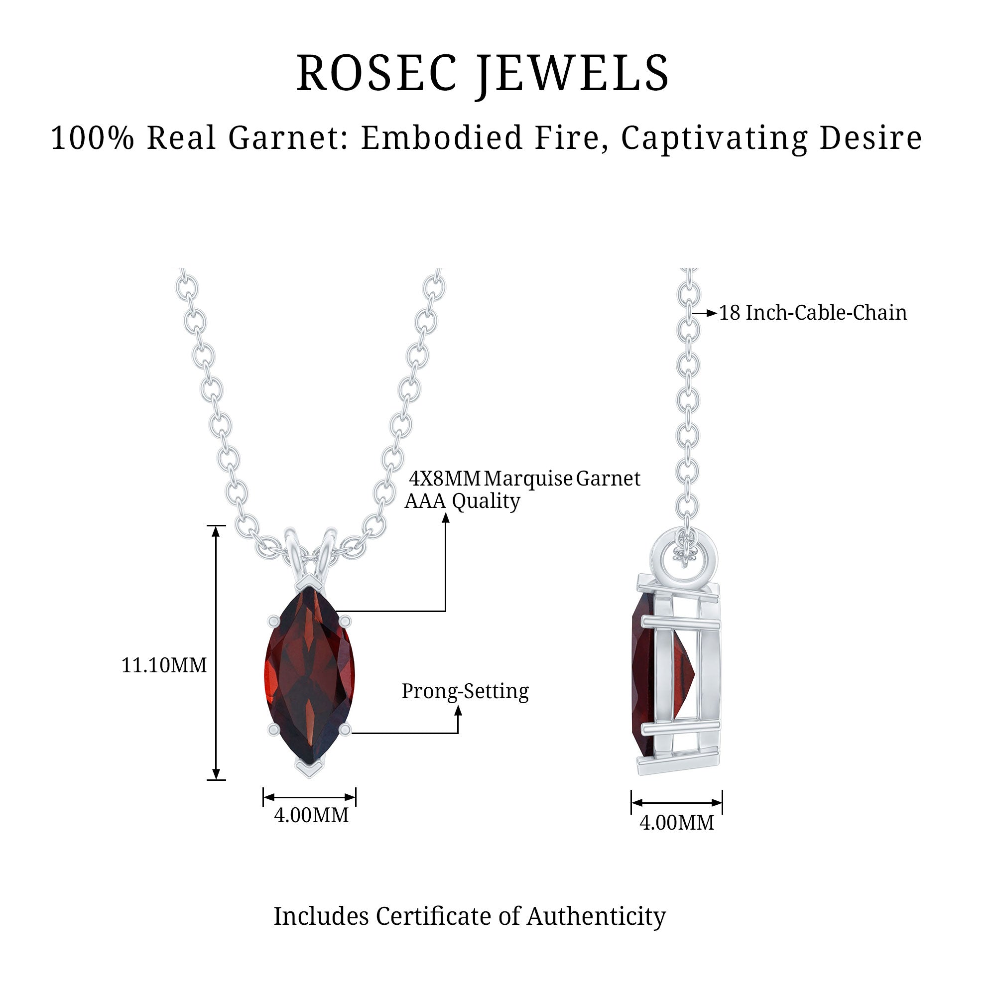 Real 0.75 Carat Garnet Marquise Necklace with Chain AAA 92.5 Sterling Silver - Rosec Jewels