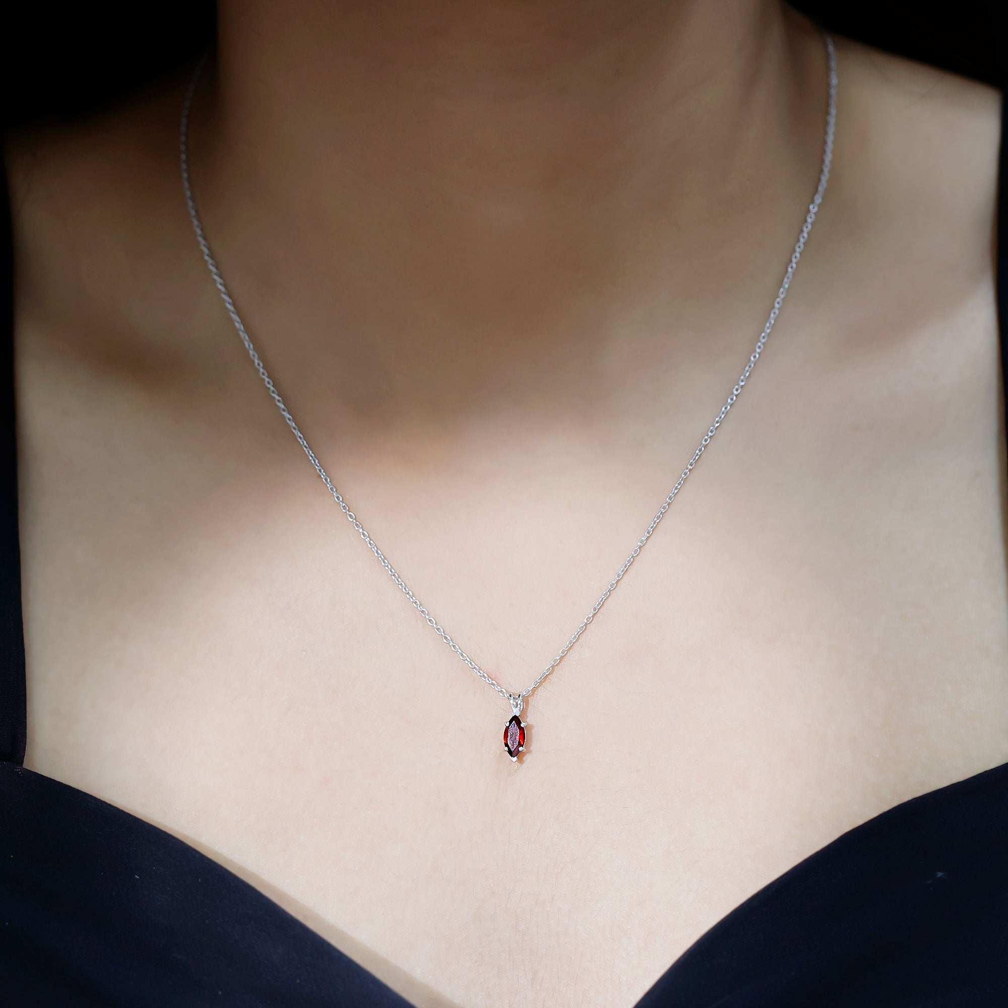 Real 0.75 Carat Garnet Marquise Necklace with Chain AAA 92.5 Sterling Silver - Rosec Jewels