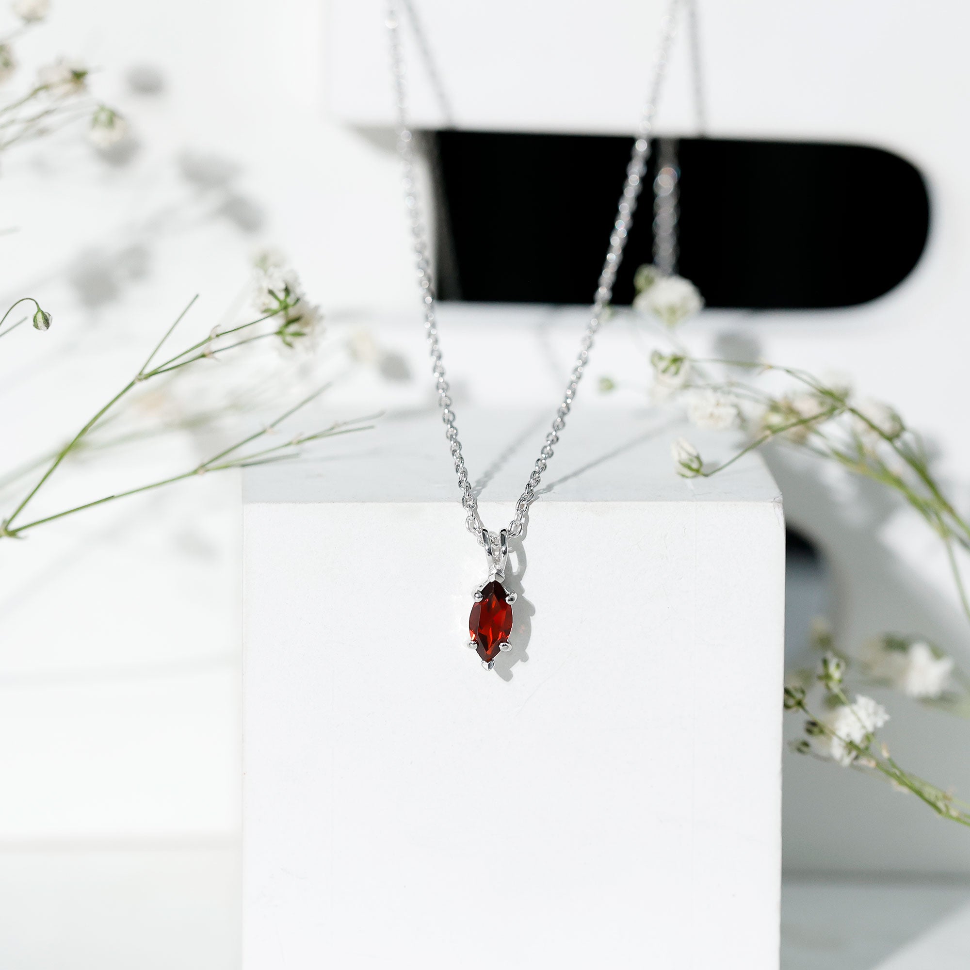 Real 0.75 Carat Garnet Marquise Necklace with Chain AAA 92.5 Sterling Silver - Rosec Jewels
