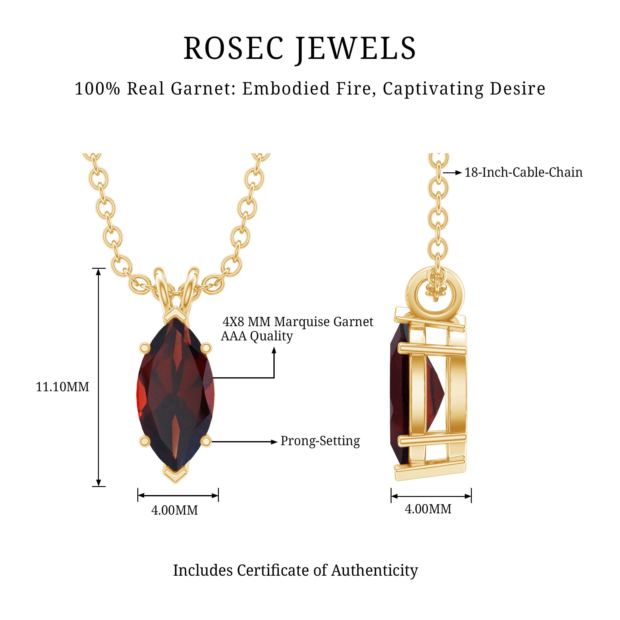 0.75 Carat Marquise Cut Garnet Solitaire Necklace With Chain AAA - Rosec Jewels