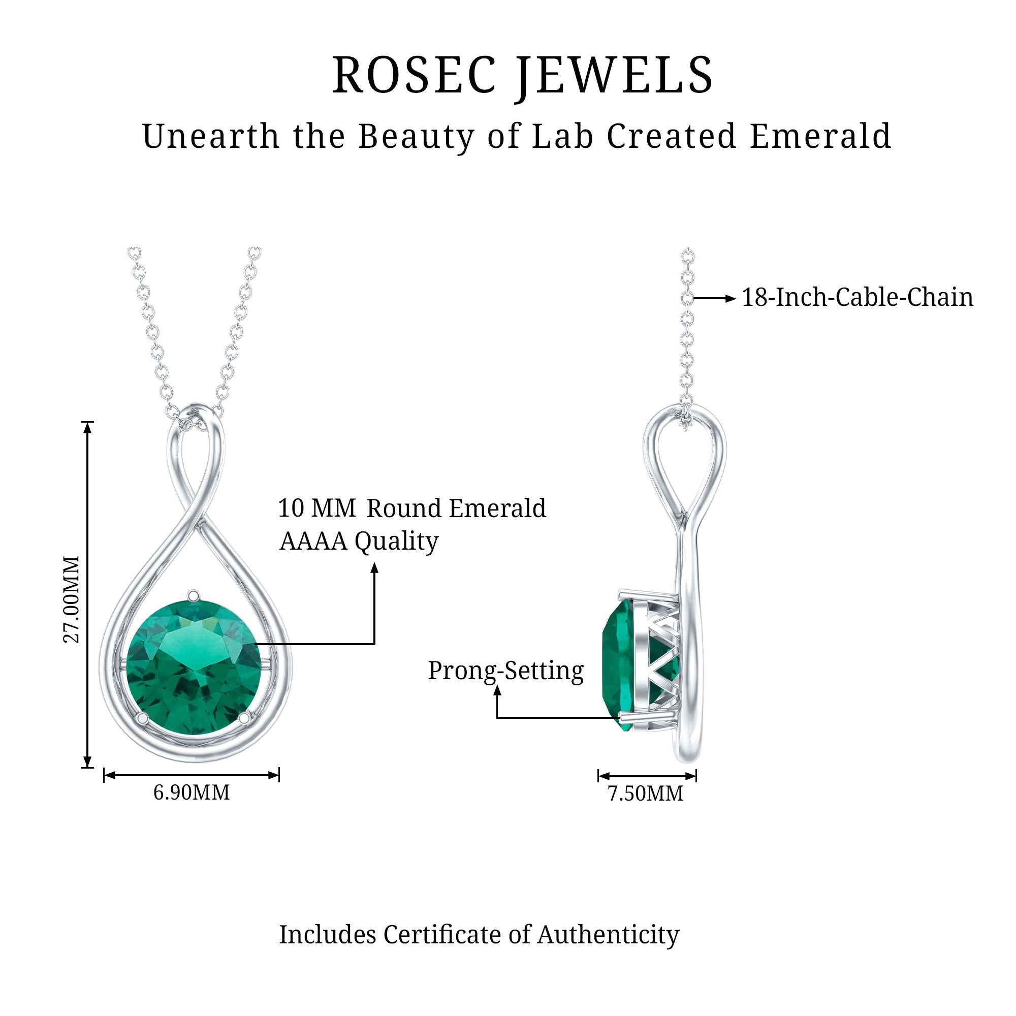 Solitaire 3.5 Carat Lab Grown Emerald Infinity Necklace AAAA - Rosec Jewels