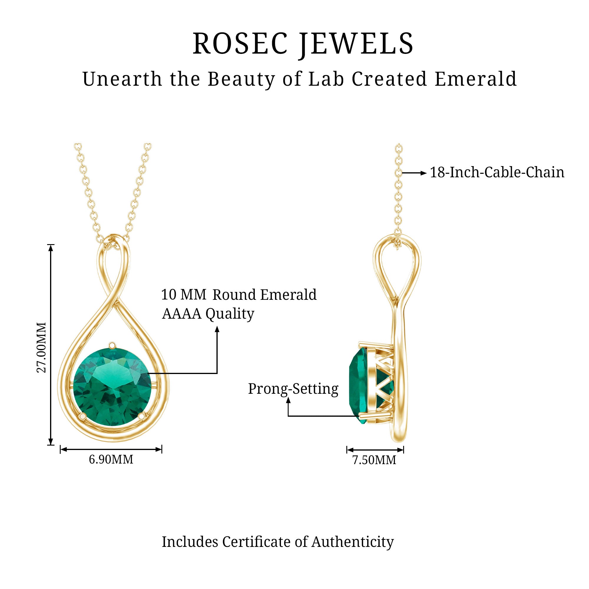 Solitaire 3.5 Carat Lab Grown Emerald Infinity Necklace AAAA - Rosec Jewels