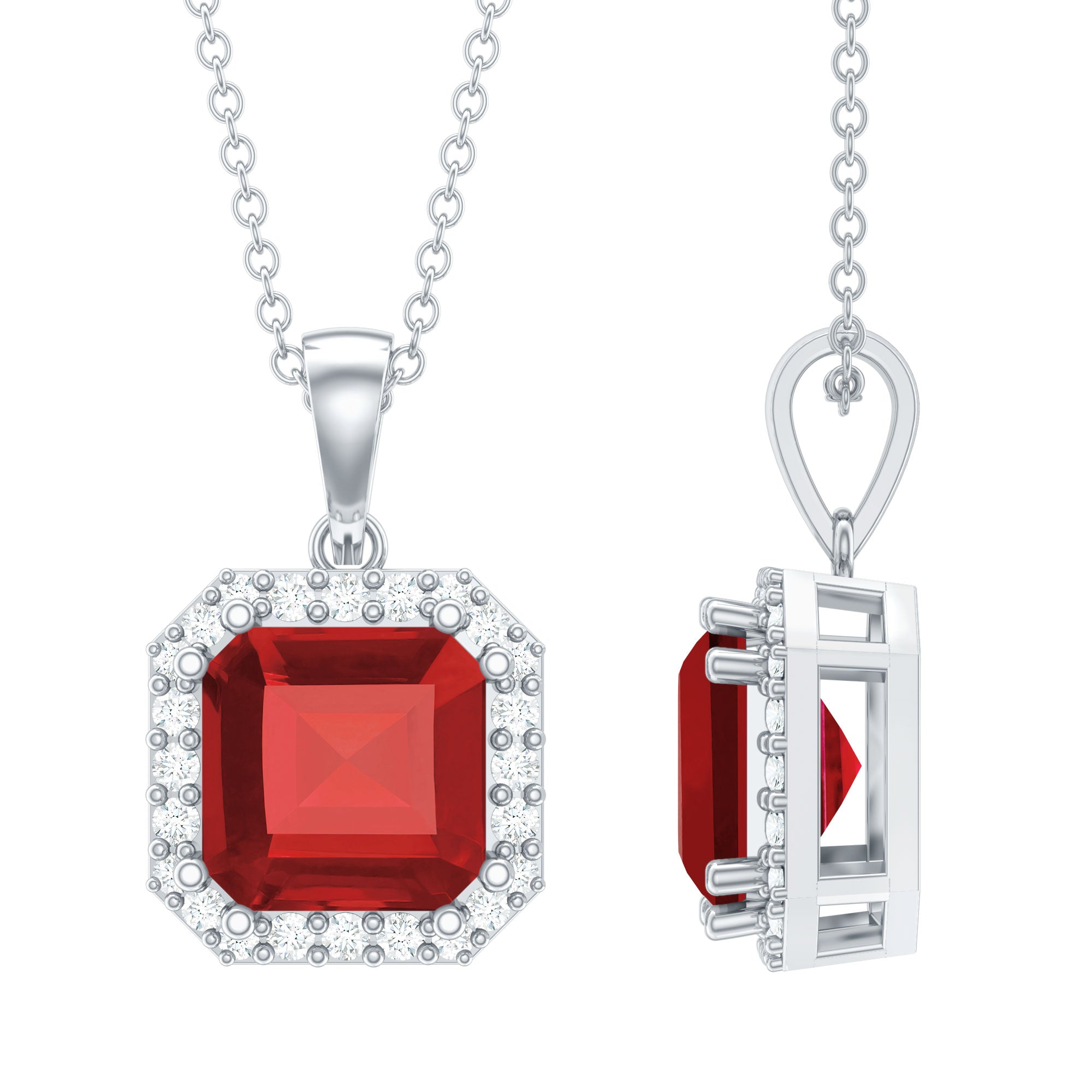 4.8 Carat Asscher Cut Lab Grown Ruby Necklace With Diamond AAAA - Rosec Jewels