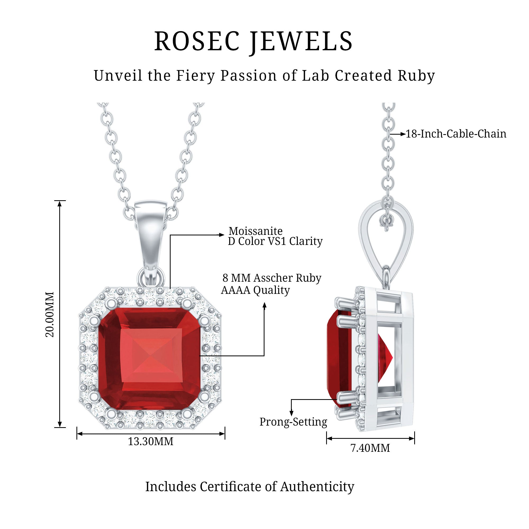 4.8 Carat Asscher Cut Lab Grown Ruby Necklace With Diamond AAAA - Rosec Jewels