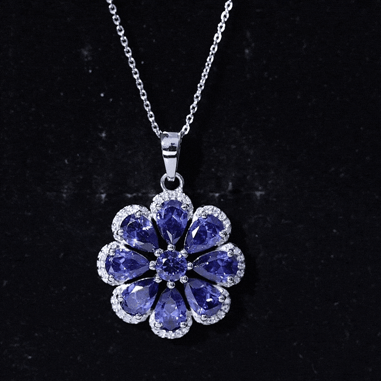 Lab Created Blue Sapphire Flower Necklace with Moissanite Halo AAAA - Rosec Jewels