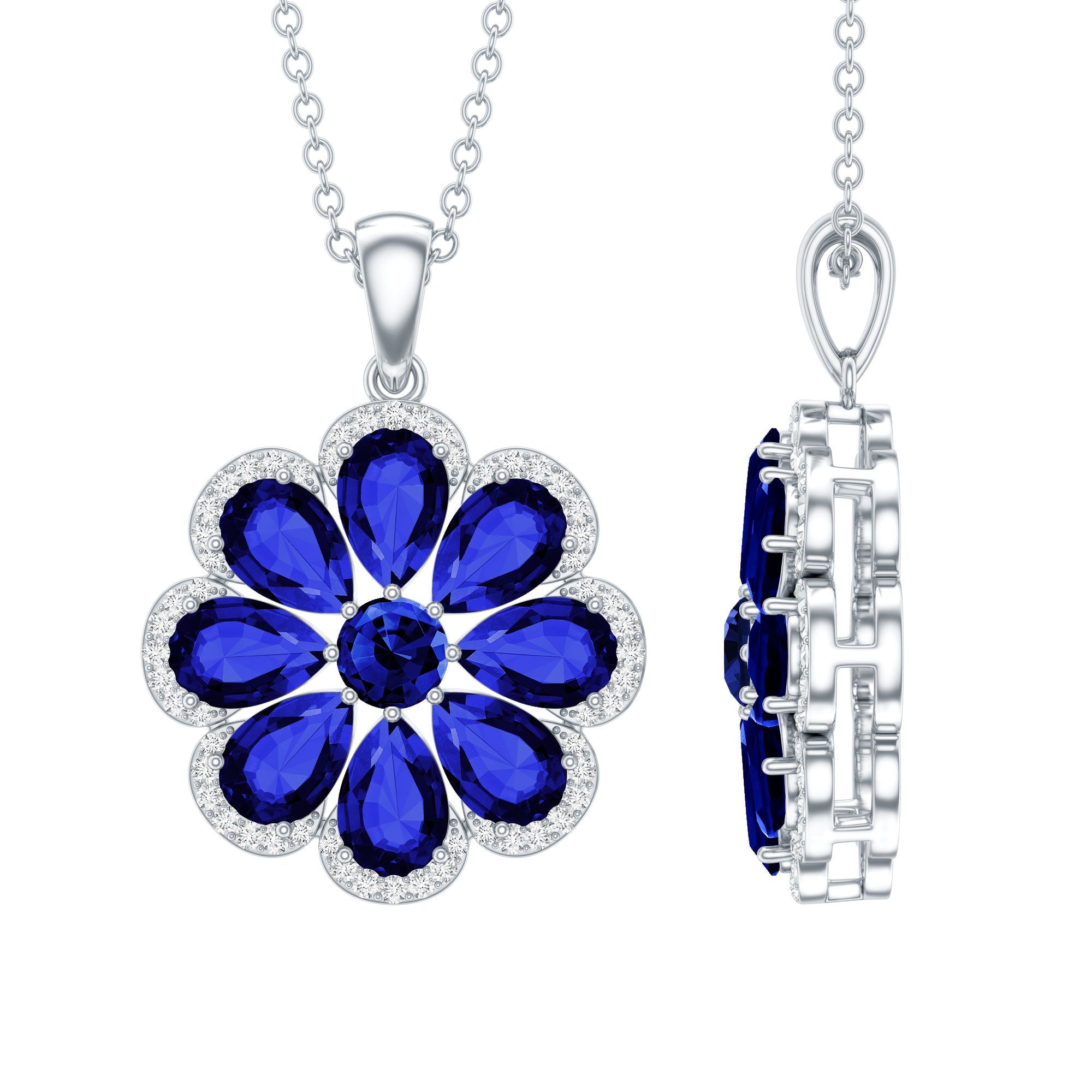Lab Created Blue Sapphire Flower Necklace with Moissanite Halo AAAA - Rosec Jewels