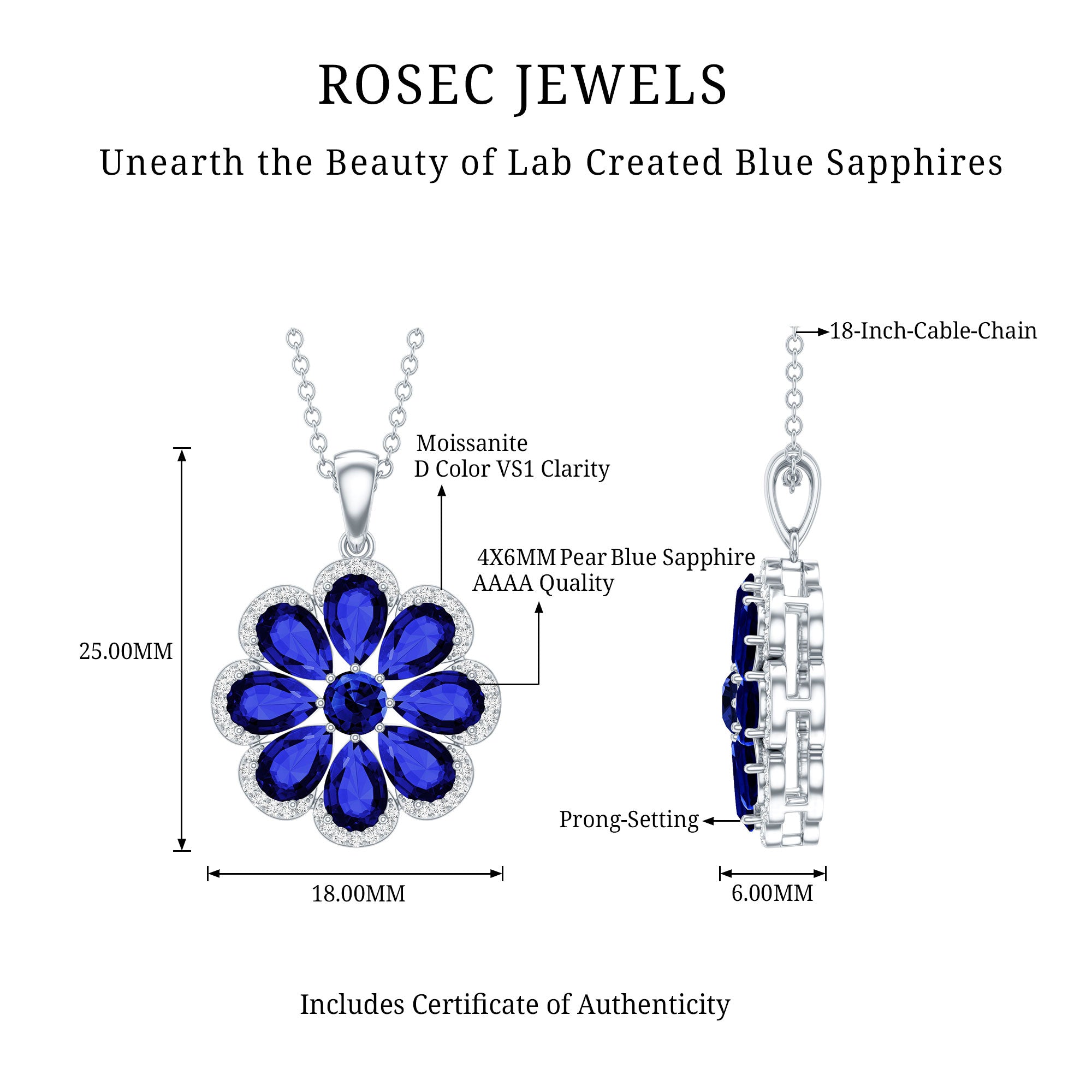 Lab Created Blue Sapphire Flower Necklace with Moissanite Halo AAAA - Rosec Jewels