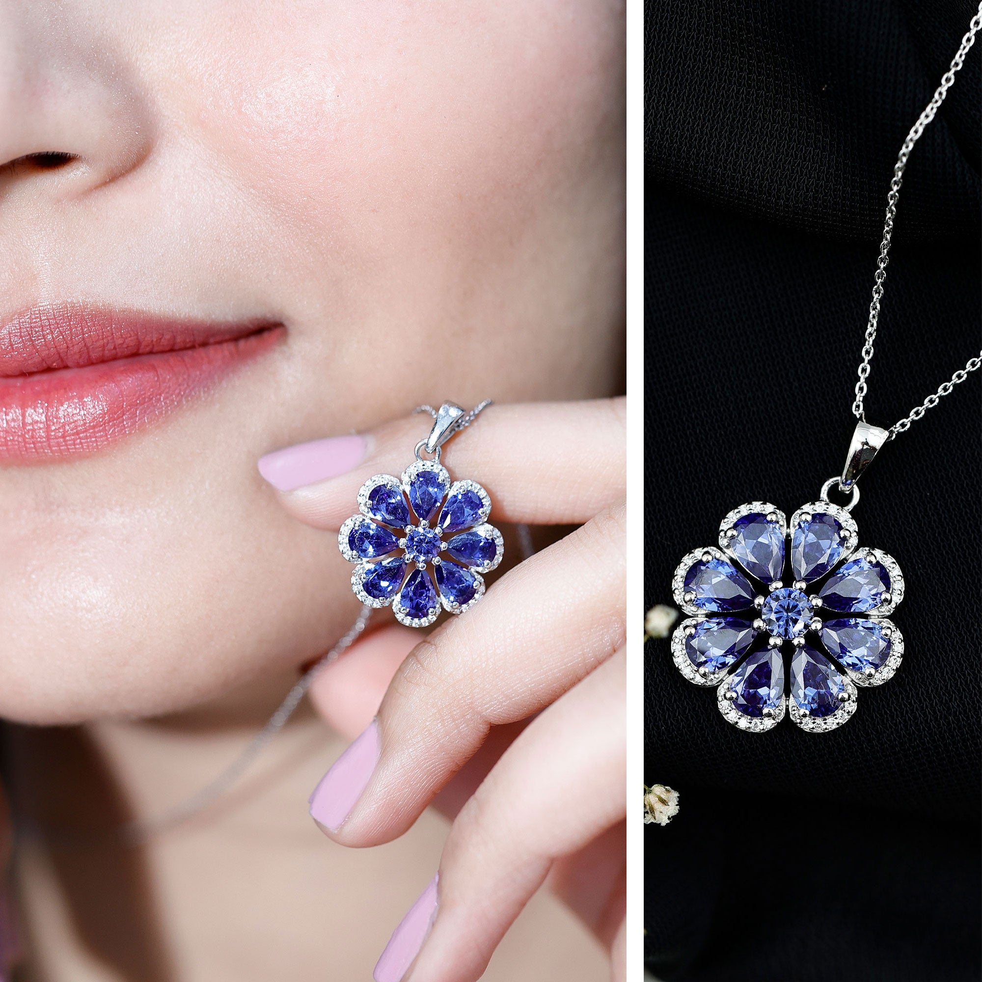 Lab Created Blue Sapphire Flower Necklace with Moissanite Halo AAAA - Rosec Jewels