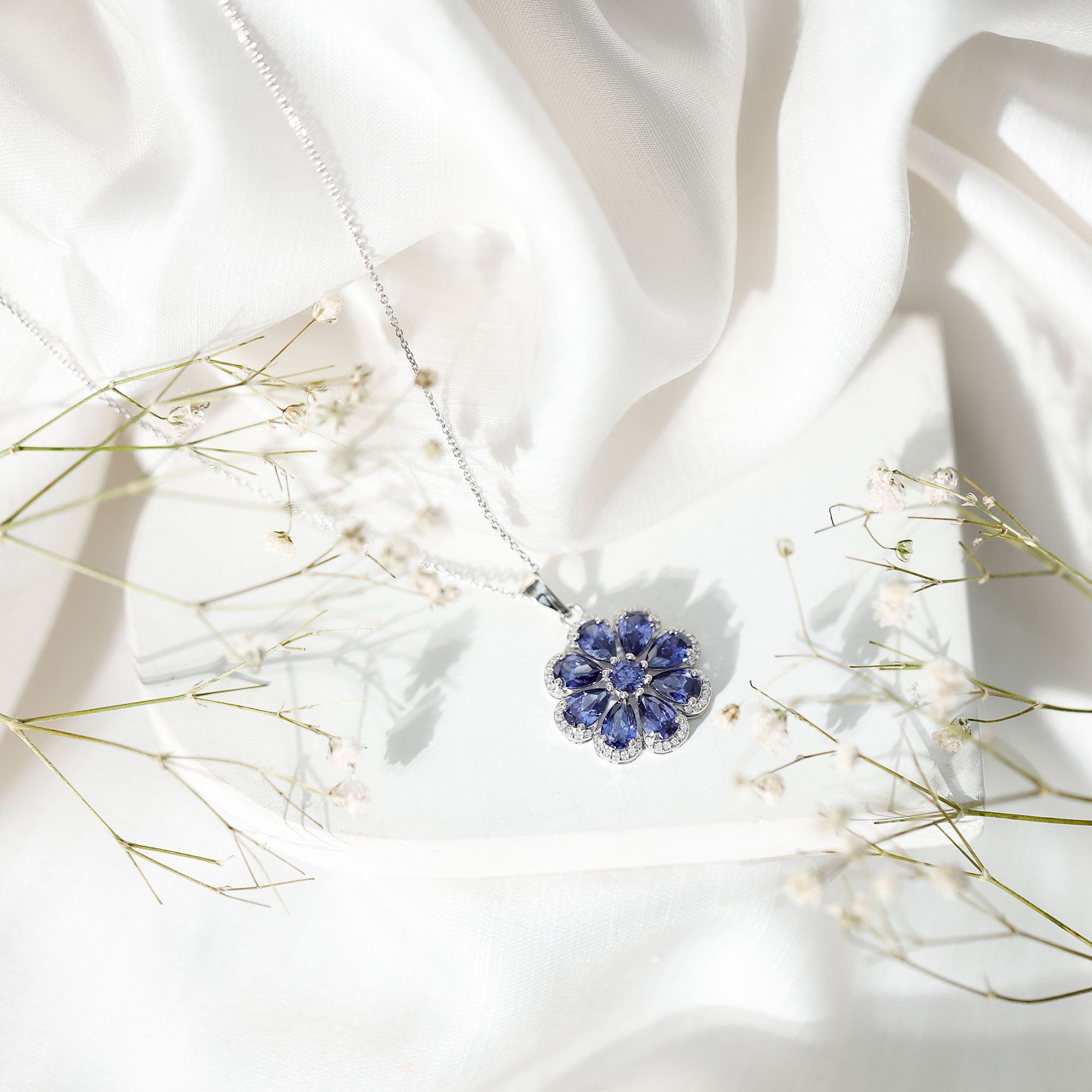 Lab Created Blue Sapphire Flower Necklace with Moissanite Halo AAAA - Rosec Jewels