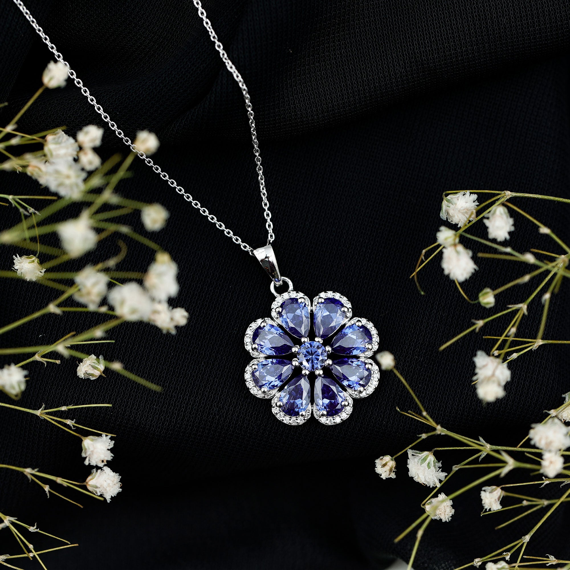 Lab Created Blue Sapphire Flower Necklace with Moissanite Halo AAAA - Rosec Jewels